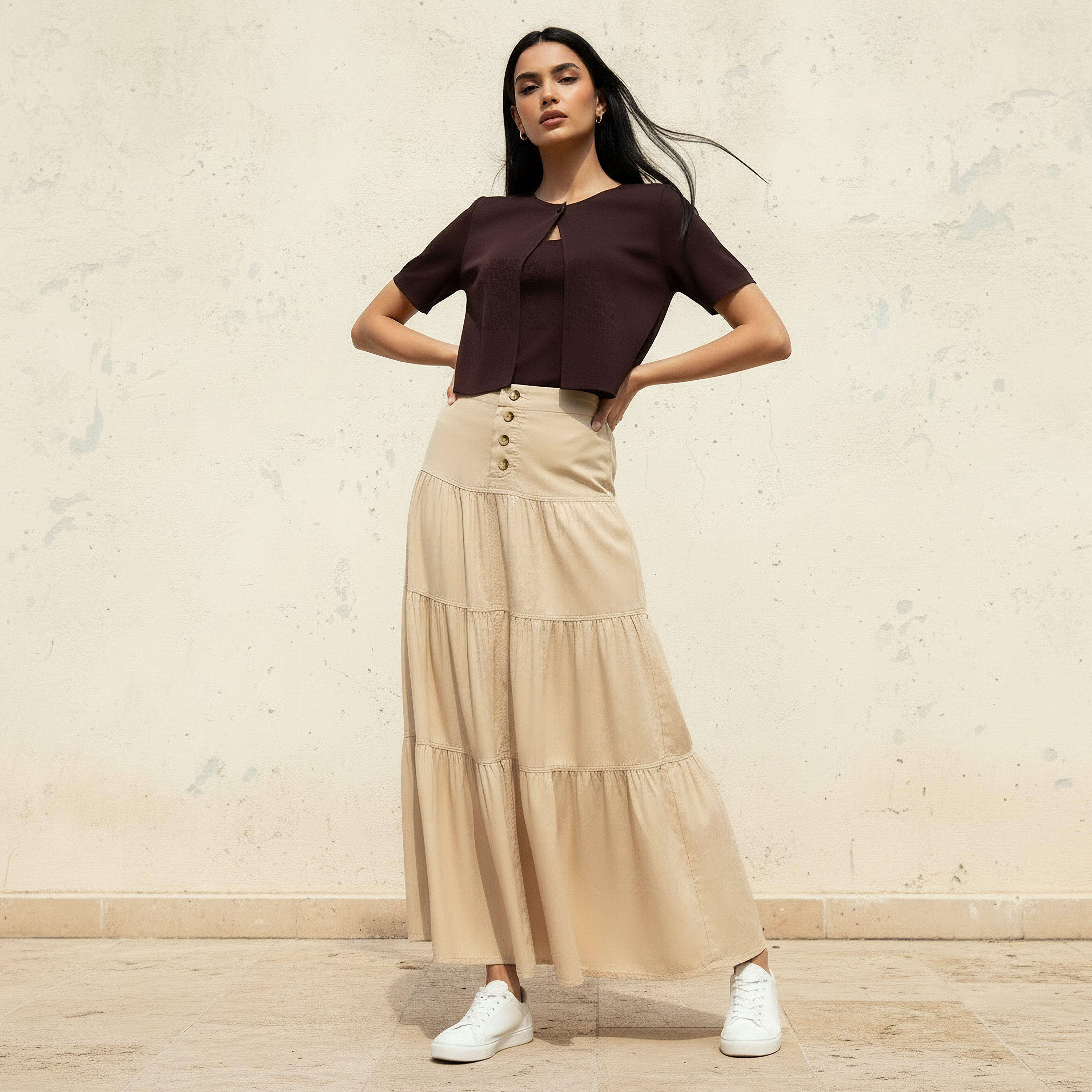 Maxi Length Cotton Tiered Skirt with Button Detail-women-clothing-bottoms-skirts-image-3