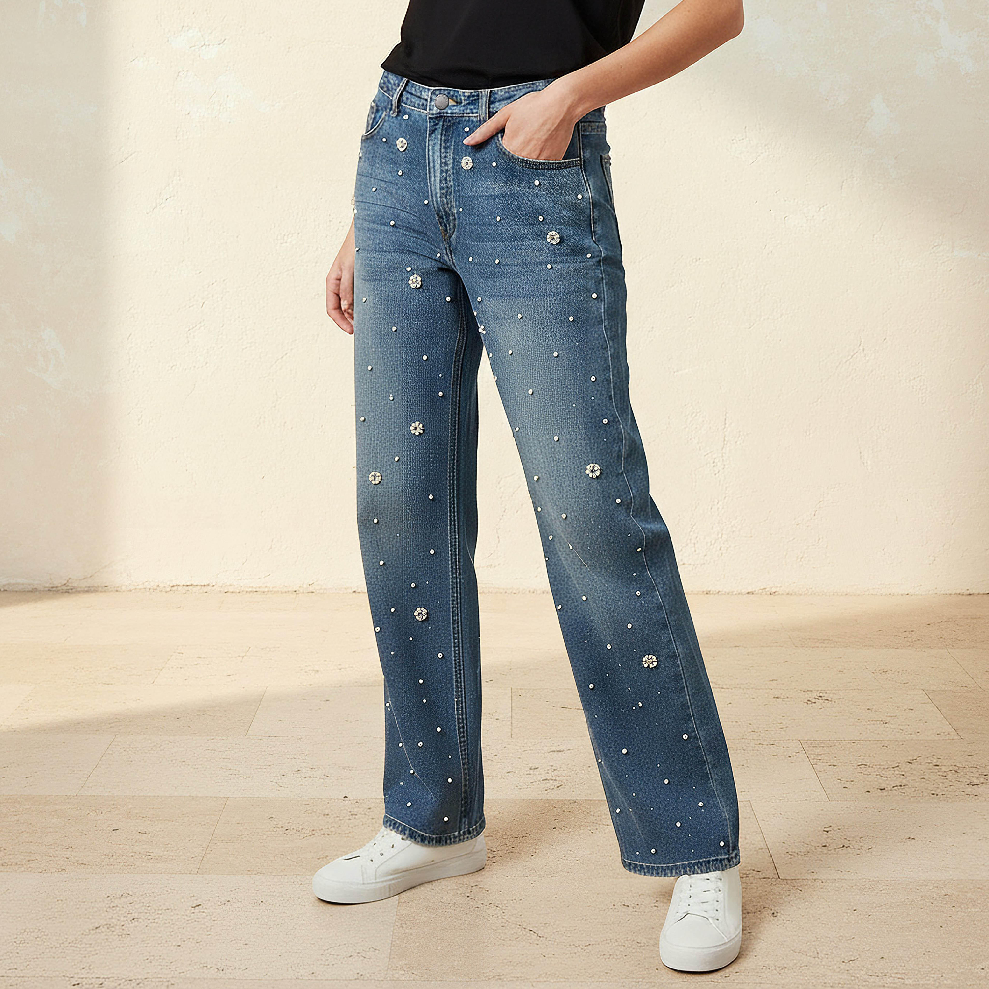 Straight Fit Mid Rise Jeans with Pearl Embellishments-women-clothing-bottoms-jeans-image-1
