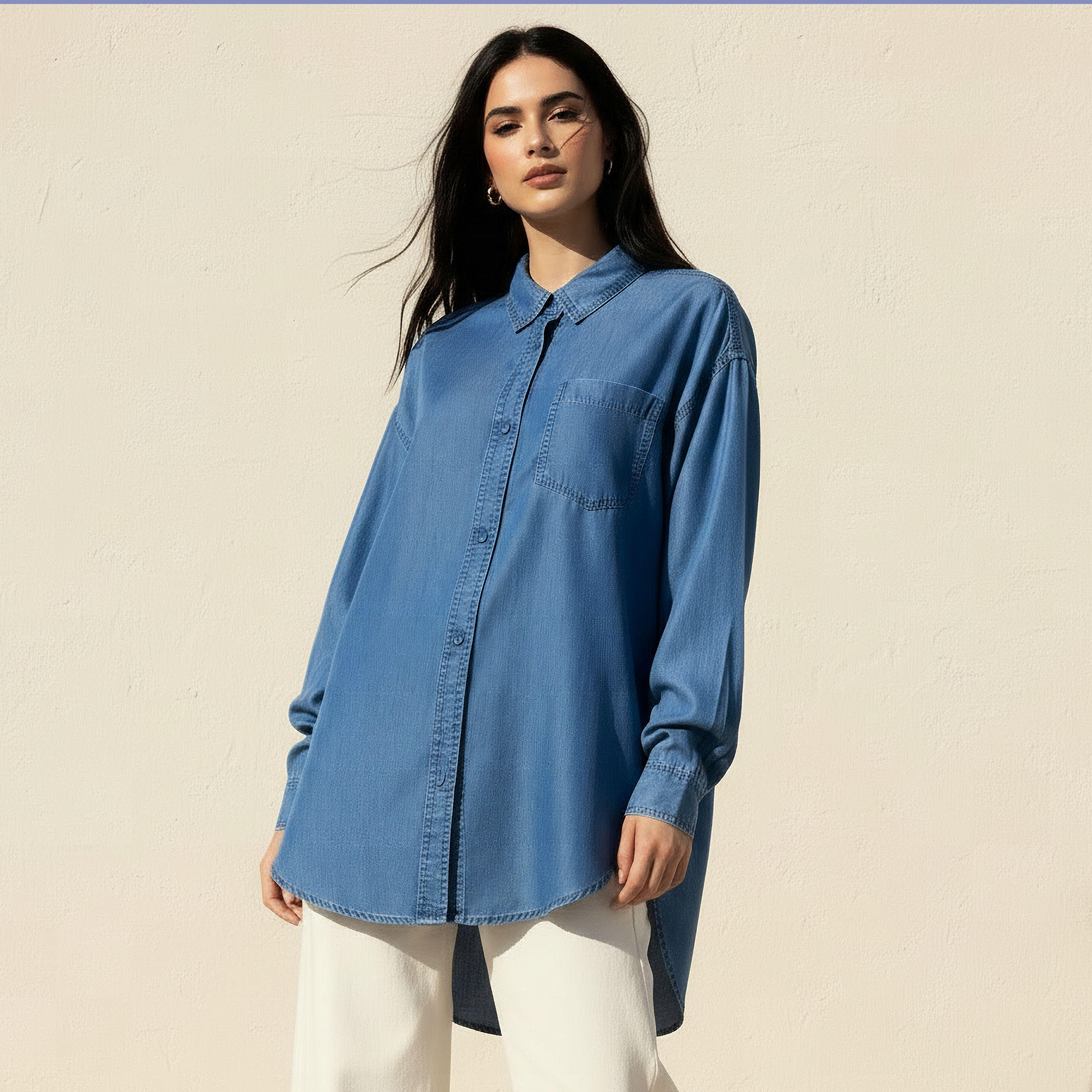 Tencel Longline Shirt with Chest Pocket-women-clothing-shirtsandblouses-shirts-image-1