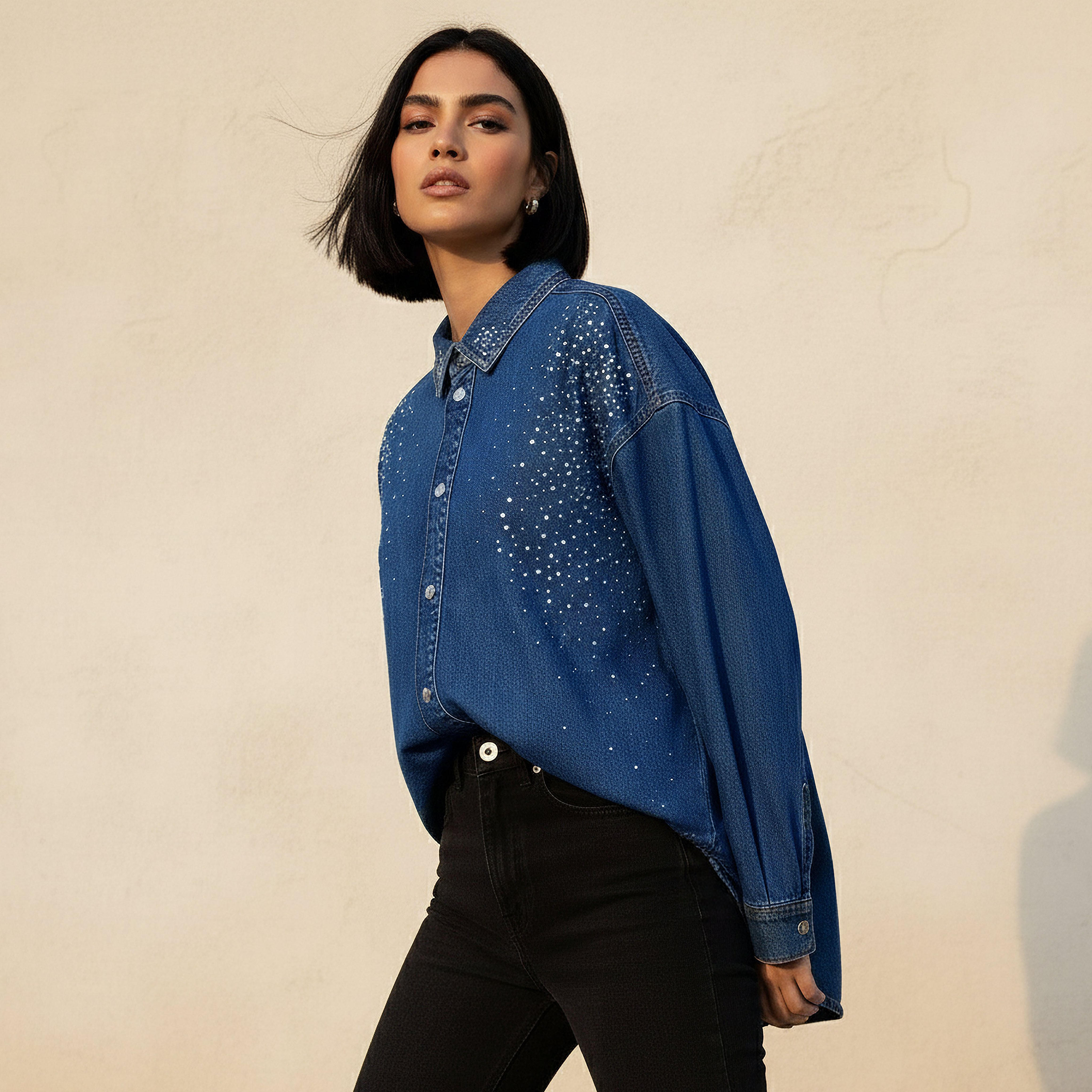 Regular Fit Cotton Denim Shirt with Embellishments-women-clothing-shirtsandblouses-shirts-image-1