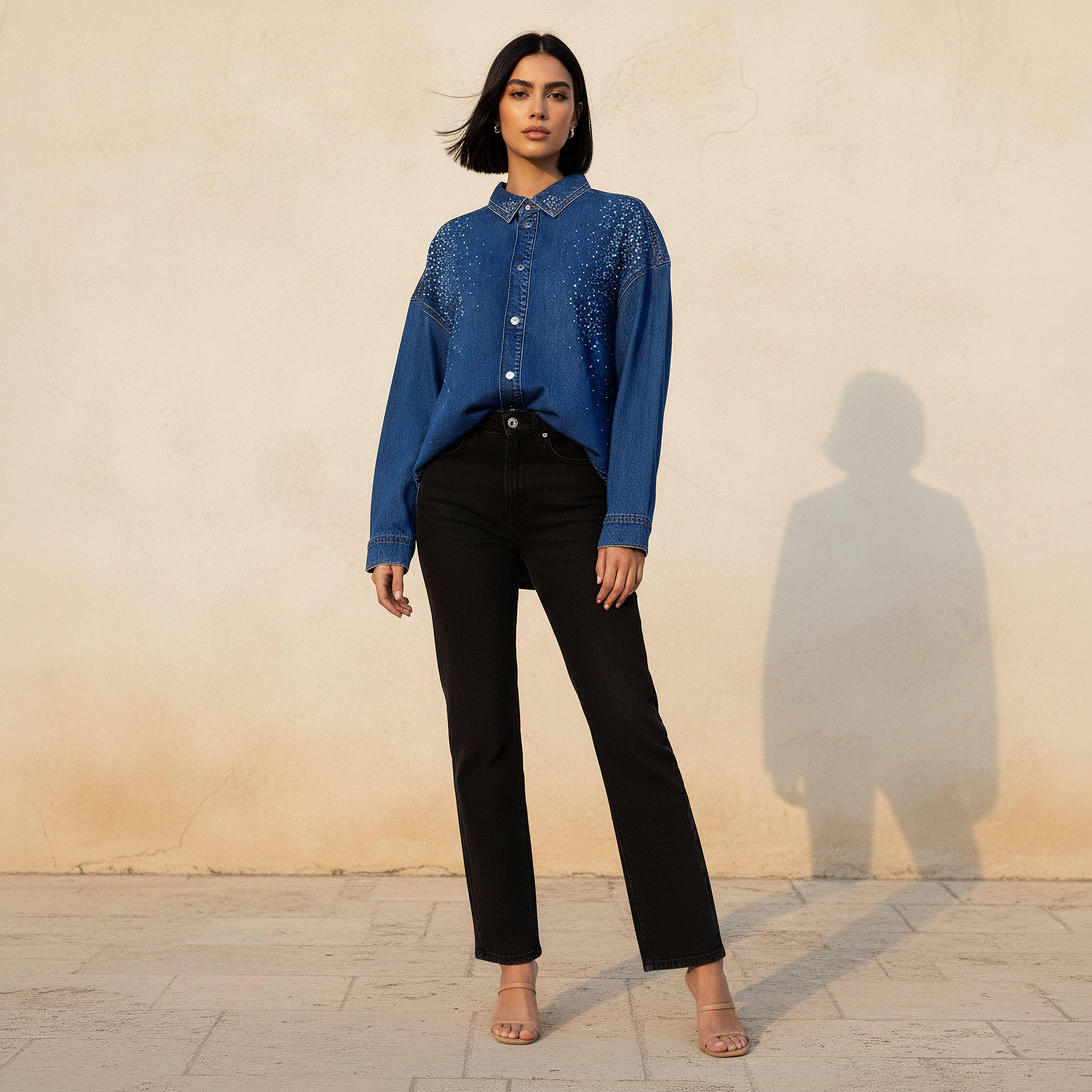 Regular Fit Cotton Denim Shirt with Embellishments-women-clothing-shirtsandblouses-shirts-image-3
