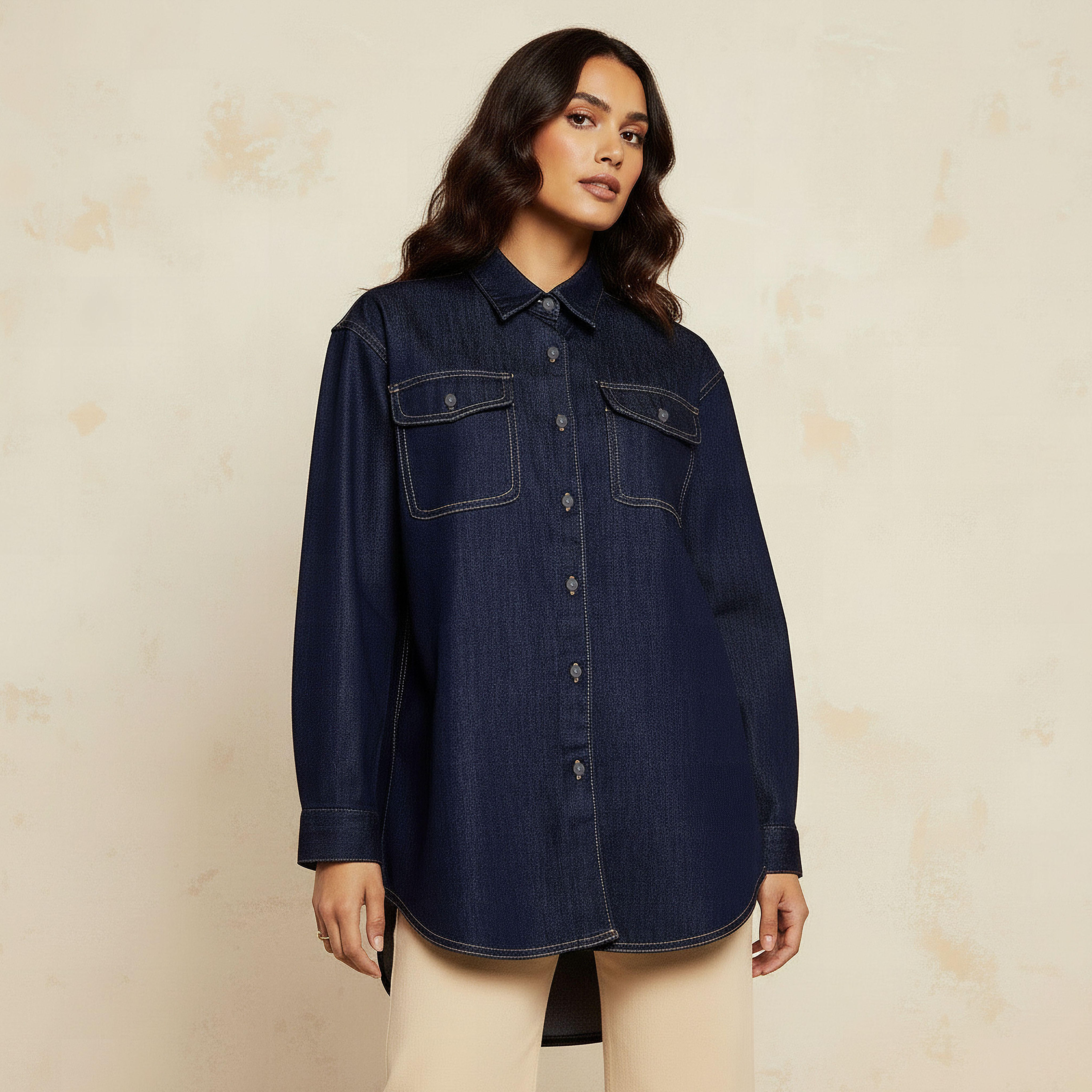 Cotton High-Low Denim Shirt with Long Sleeves-women-clothing-shirtsandblouses-shirts-image-1