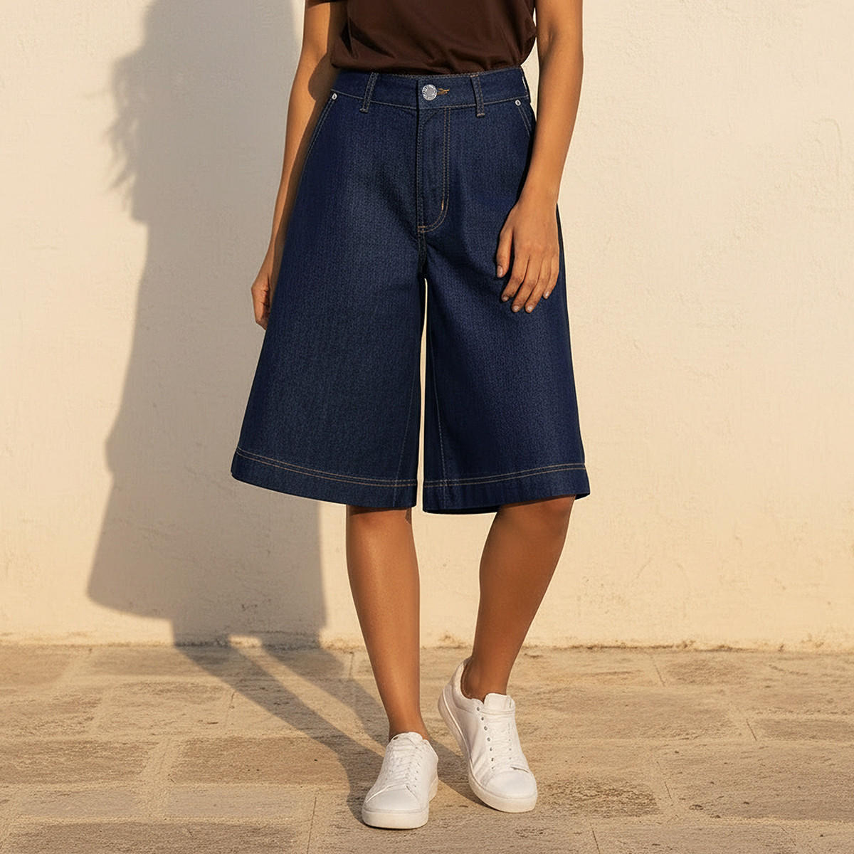 Mid-Rise Denim Cotton Culotte Shorts-women-clothing-bottoms-shorts-image-1