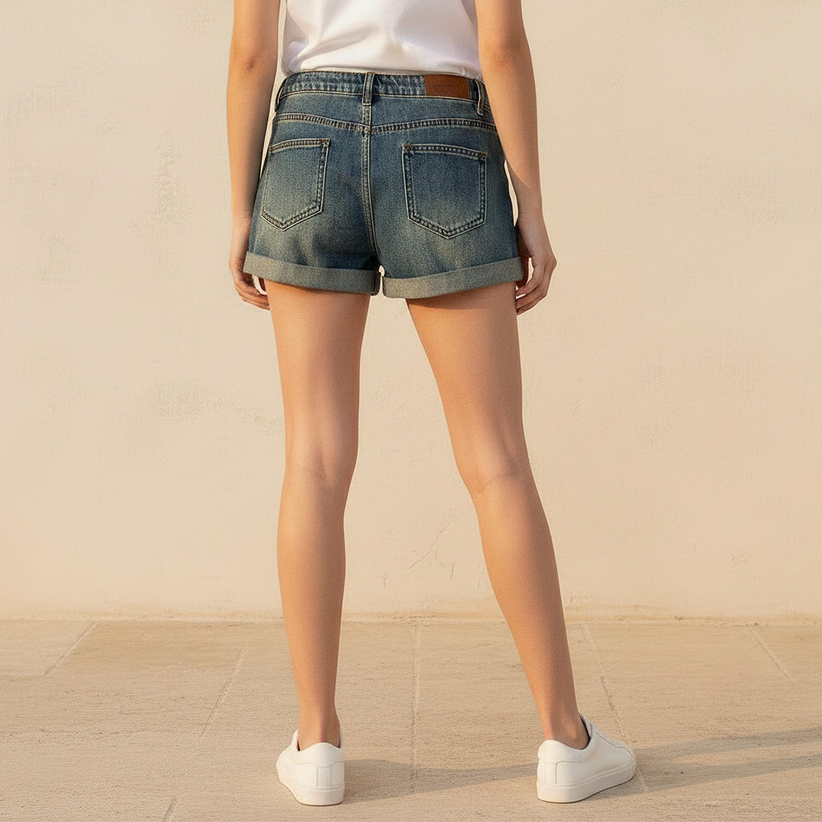 شورت دينم مرصع بخصر متوسط الارتفاع وحافة مطوية-women-clothing-shorts-image-4