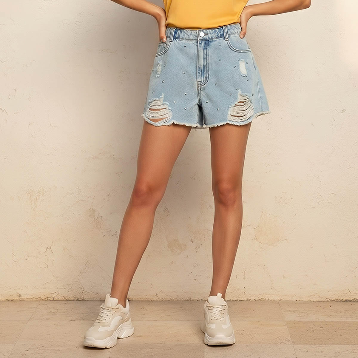 Mid-Rise Studded Denim Distressed Shorts-women-clothing-shorts-image-1