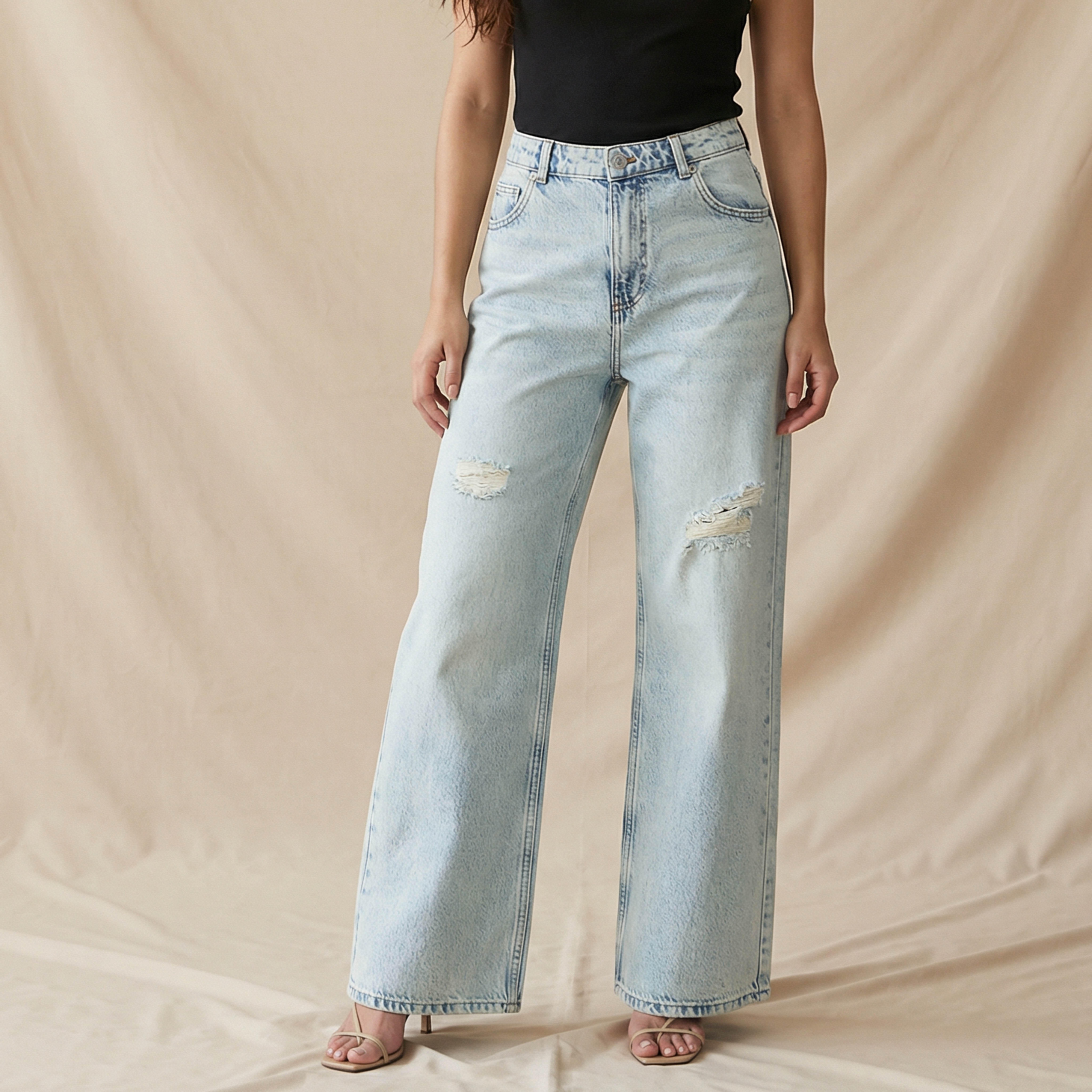 بنطلون جينز بخصر متوسط الارتفاع بزينة ممزقة قطن-women-clothing-bottoms-jeans-image-1