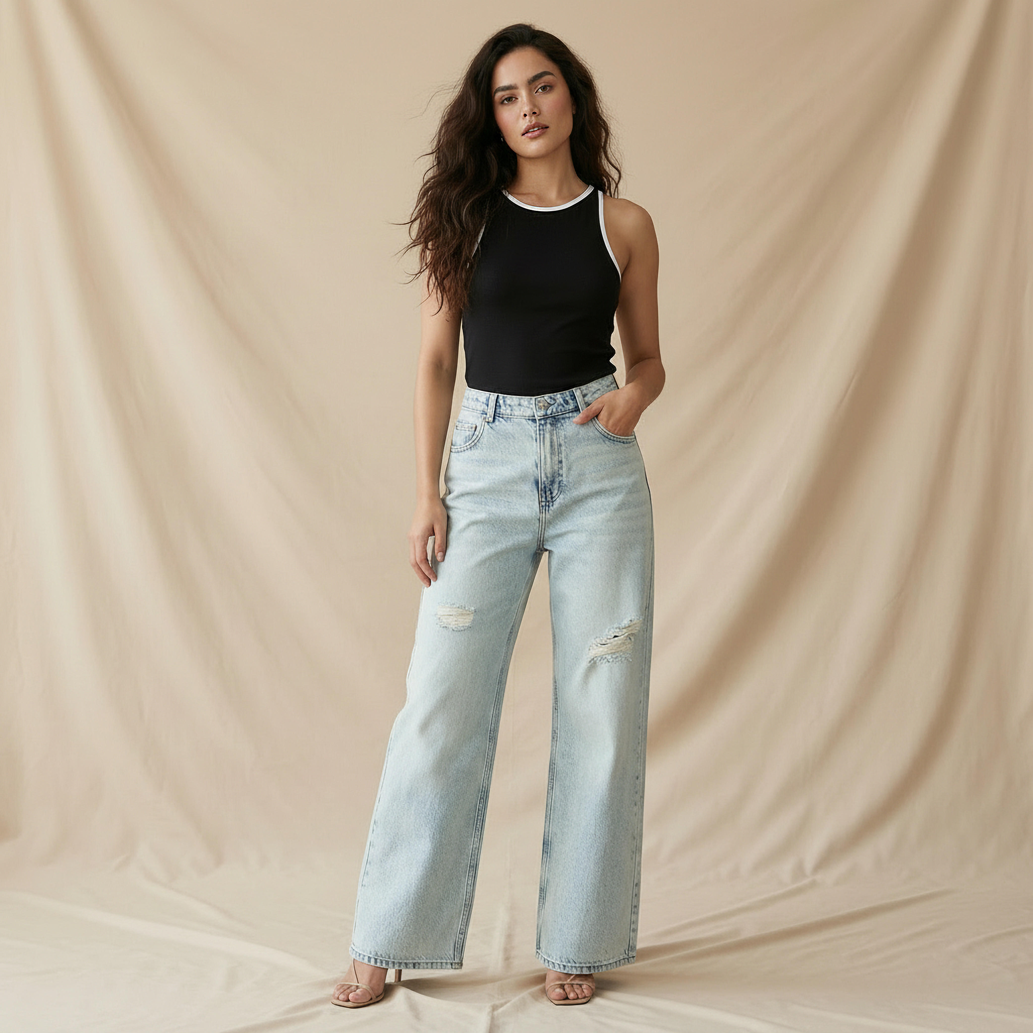 بنطلون جينز بخصر متوسط الارتفاع بزينة ممزقة قطن-women-clothing-bottoms-jeans-image-3