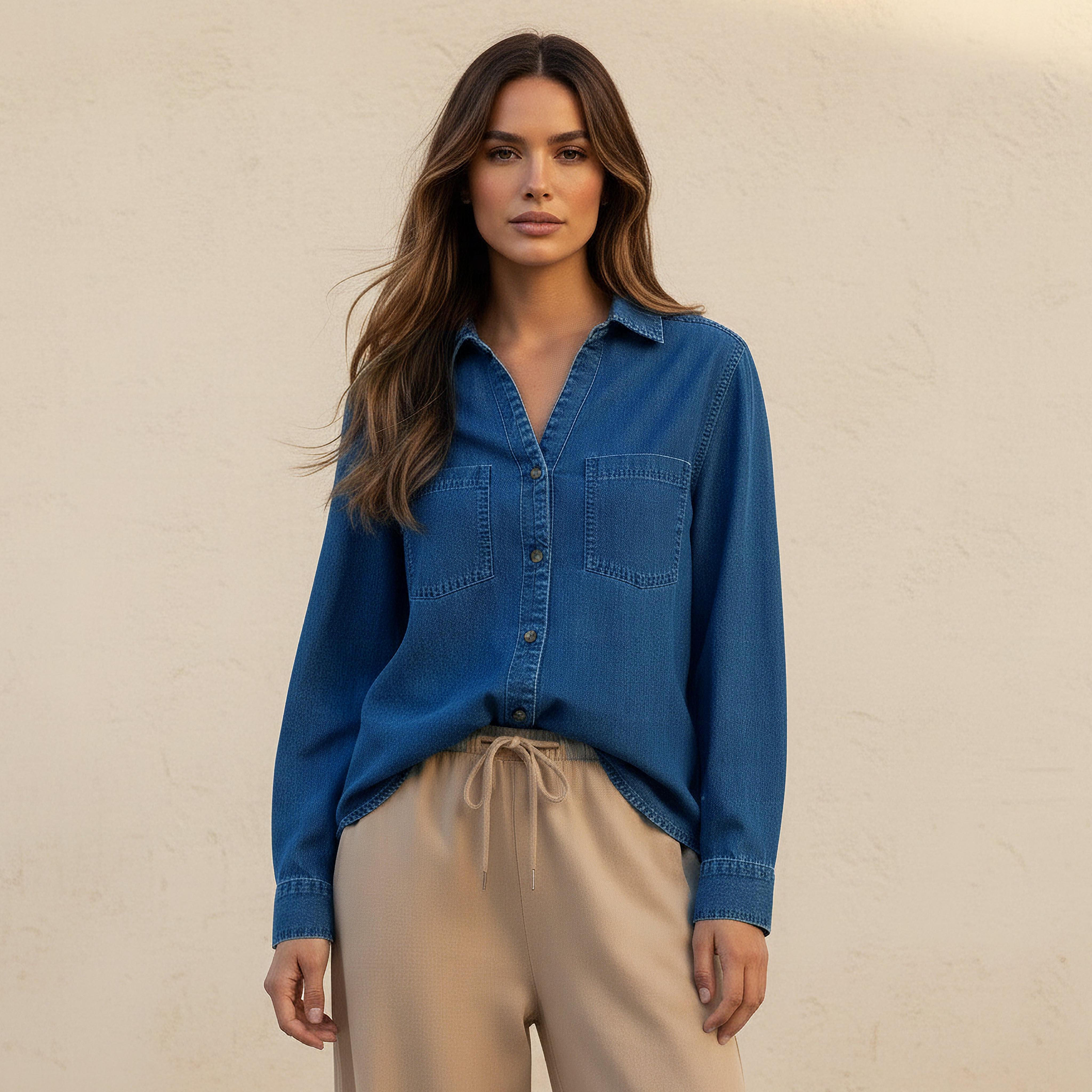 Cotton Denim Shirt with V-neck-women-clothing-shirtsandblouses-shirts-image-1