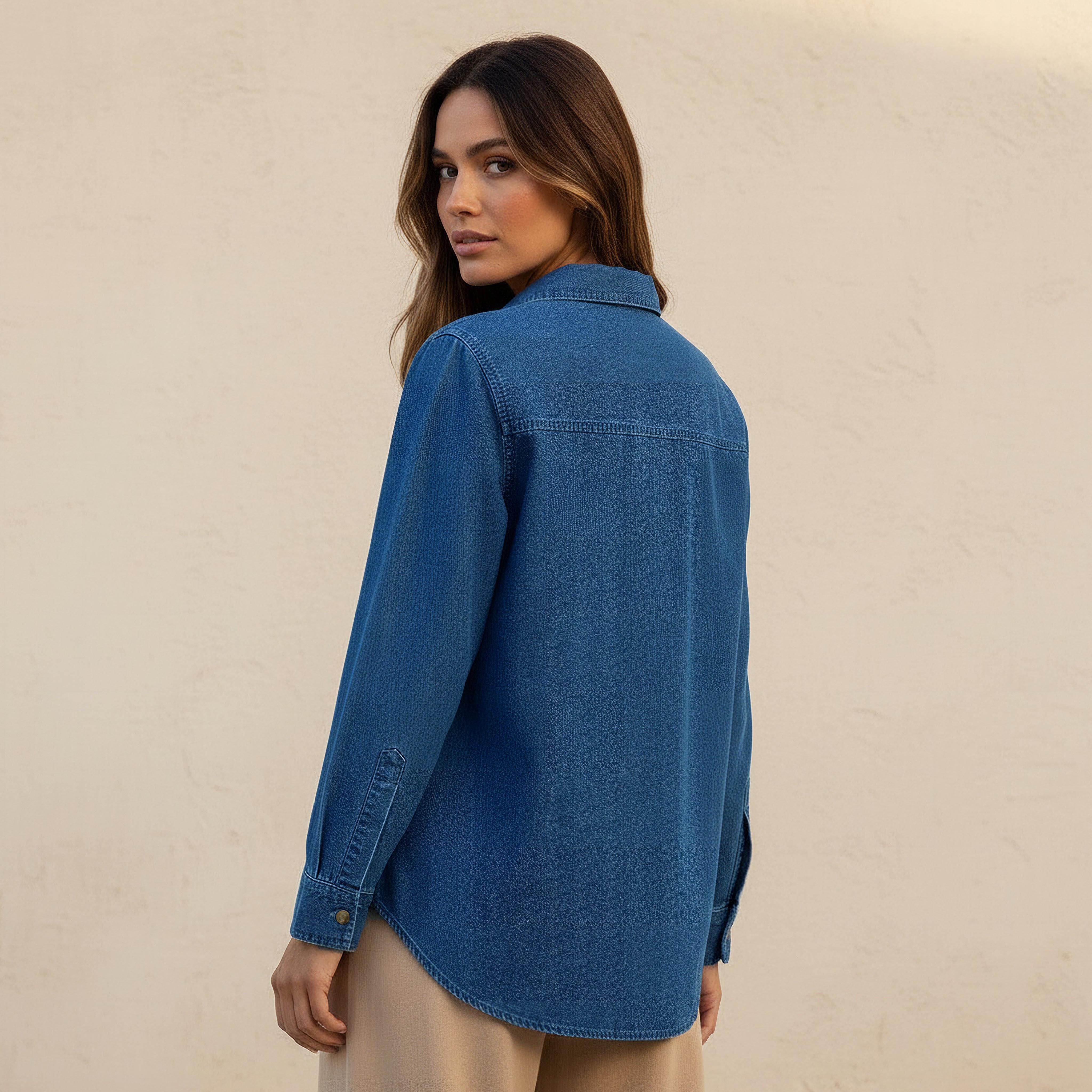 Cotton Denim Shirt with V-neck-women-clothing-shirtsandblouses-shirts-image-4