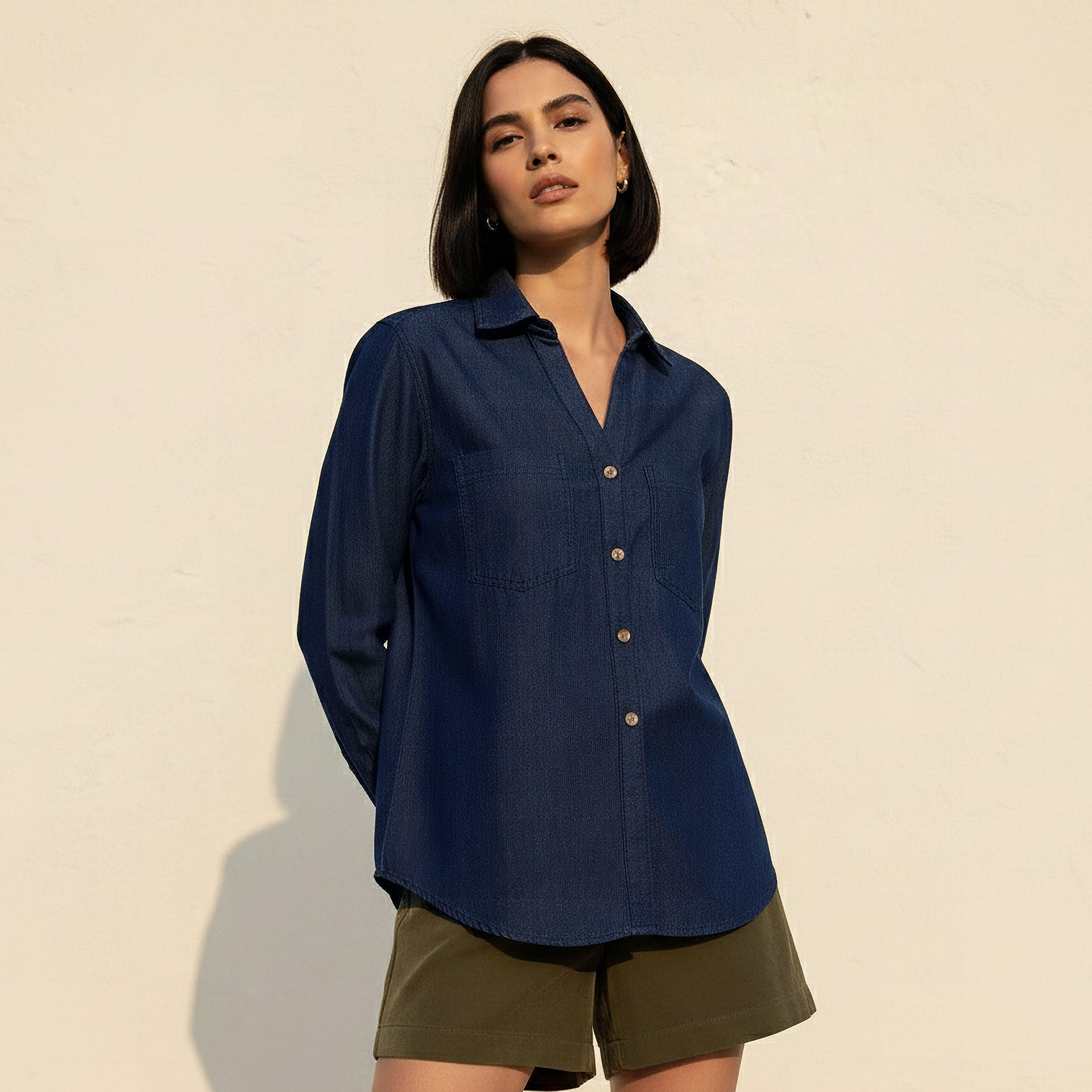 Cotton Denim Shirt with V-neck-women-clothing-shirtsandblouses-shirts-image-1