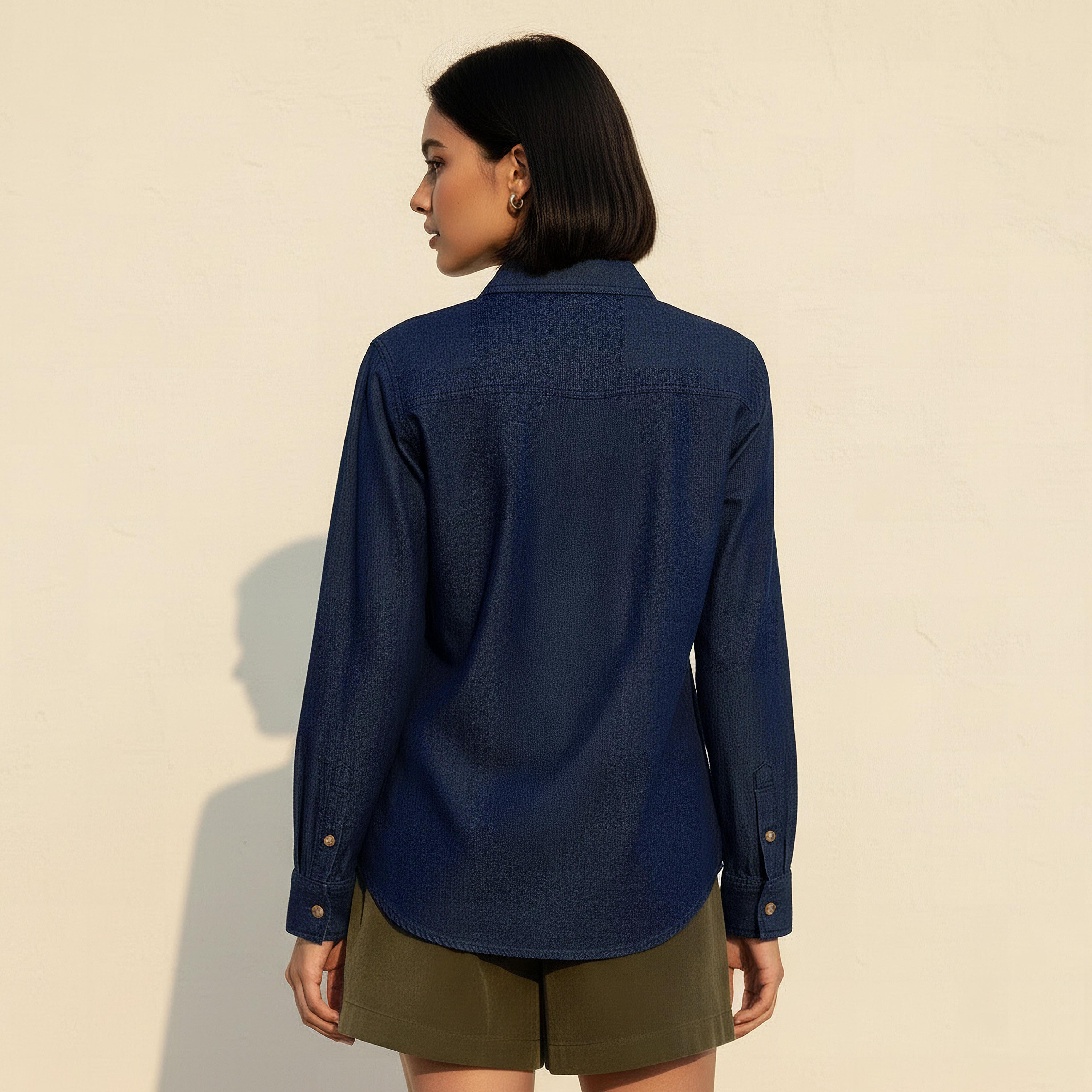 Cotton Denim Shirt with V-neck-women-clothing-shirtsandblouses-shirts-image-4