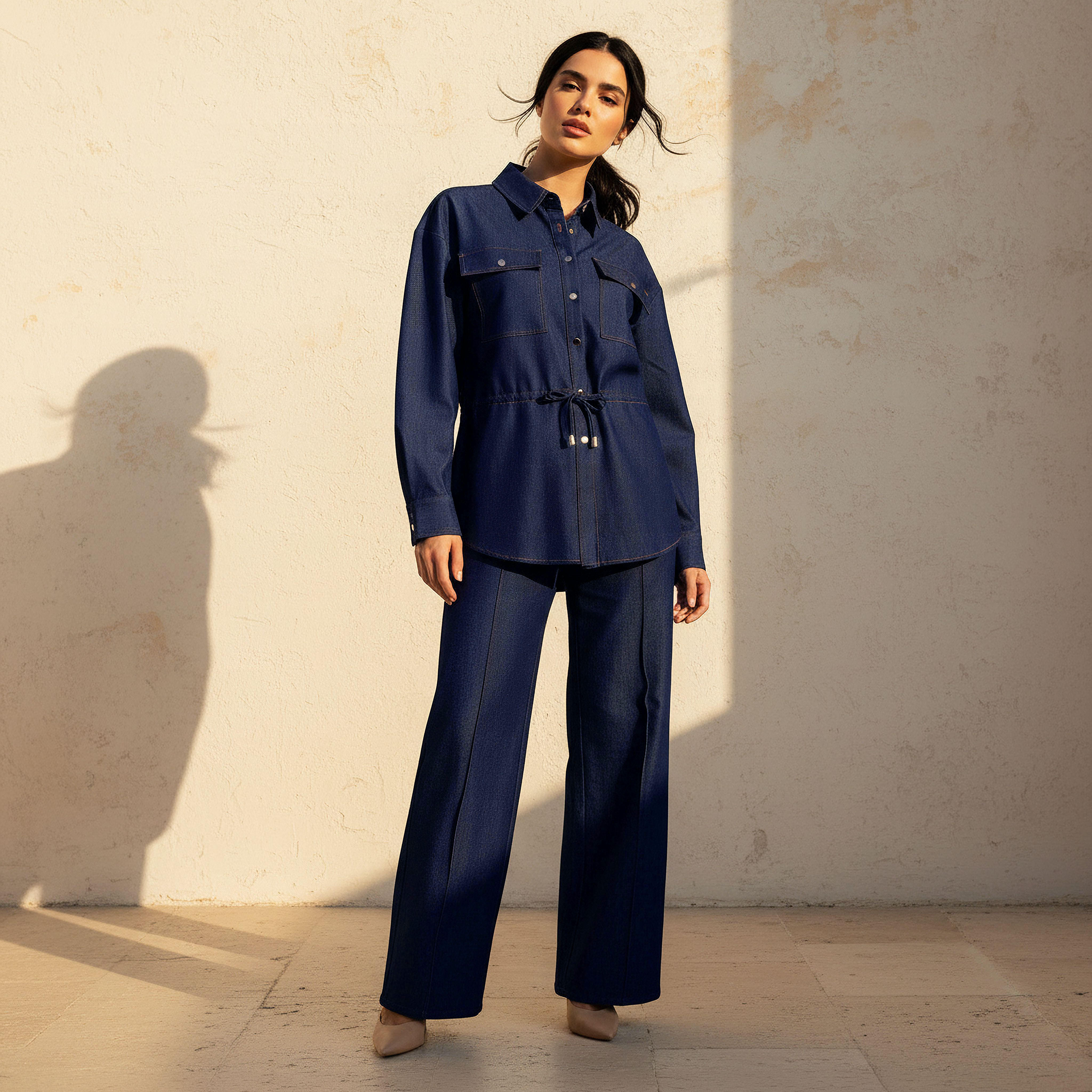 Shirt Style Top with Adjustable Drawstring Waist-women-clothing-shirtsandblouses-shirts-image-3
