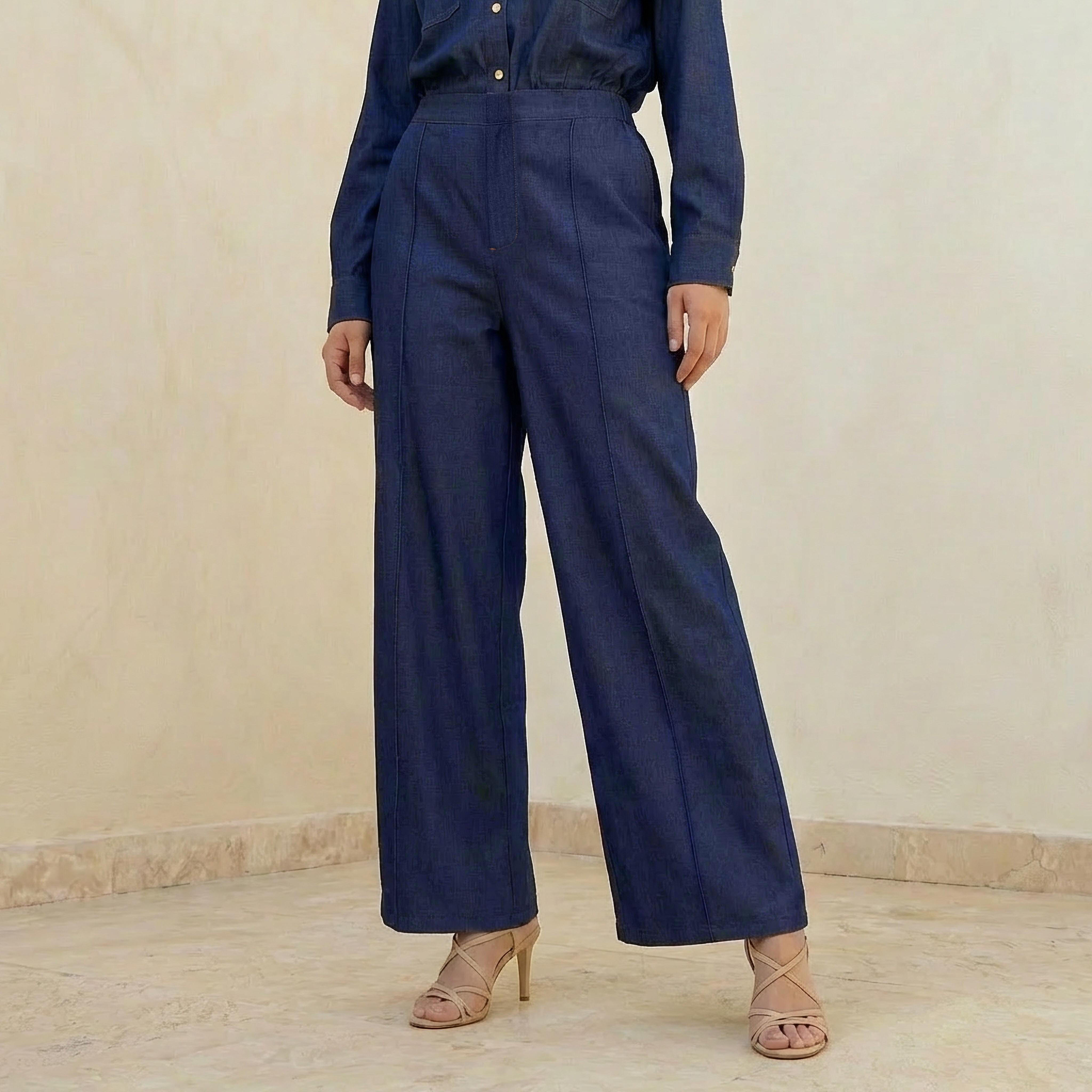 Baggy Fit Mid-Rise Pleated Denim Trousers-women-clothing-coordsets-image-1