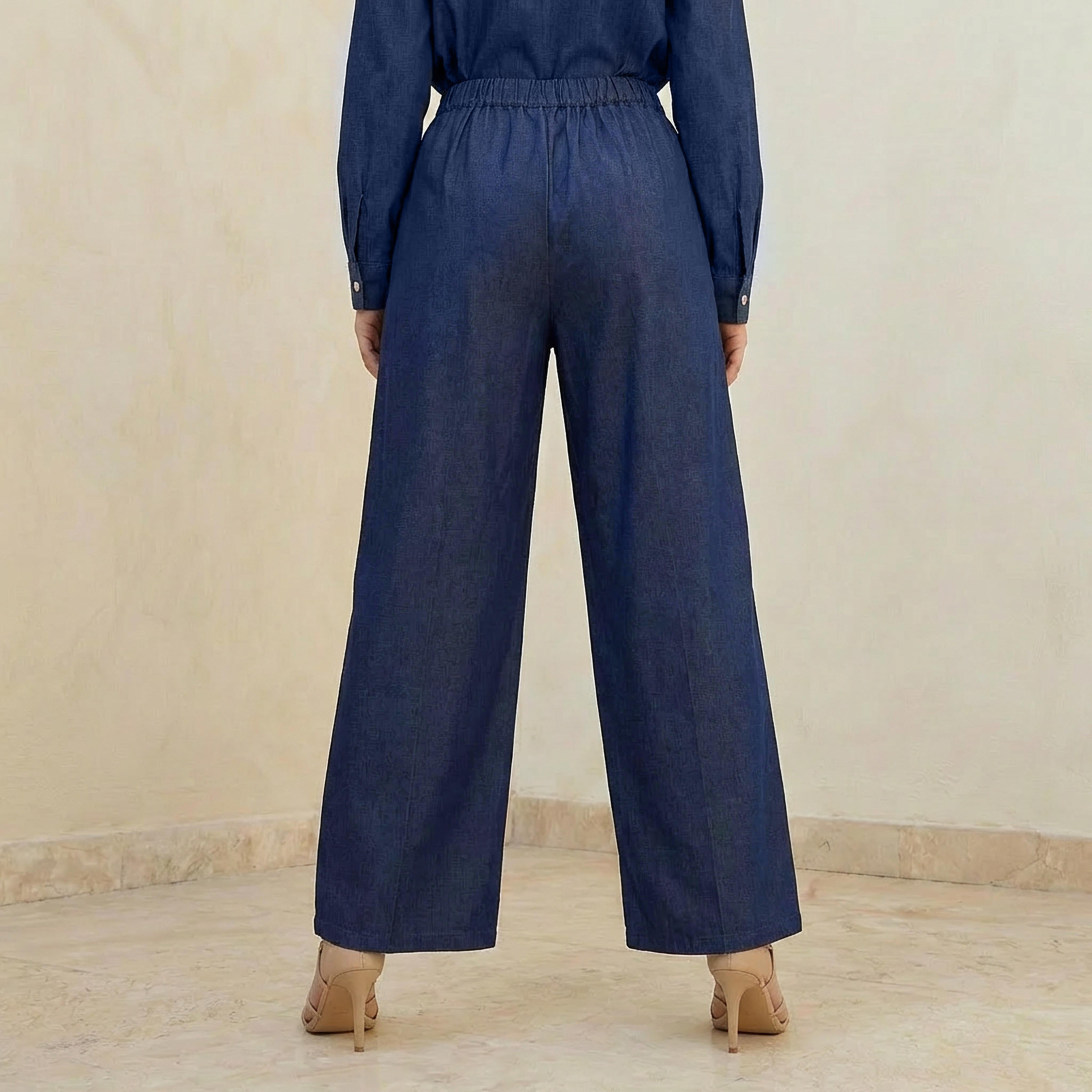 Baggy Fit Mid-Rise Pleated Denim Trousers-women-clothing-coordsets-image-4