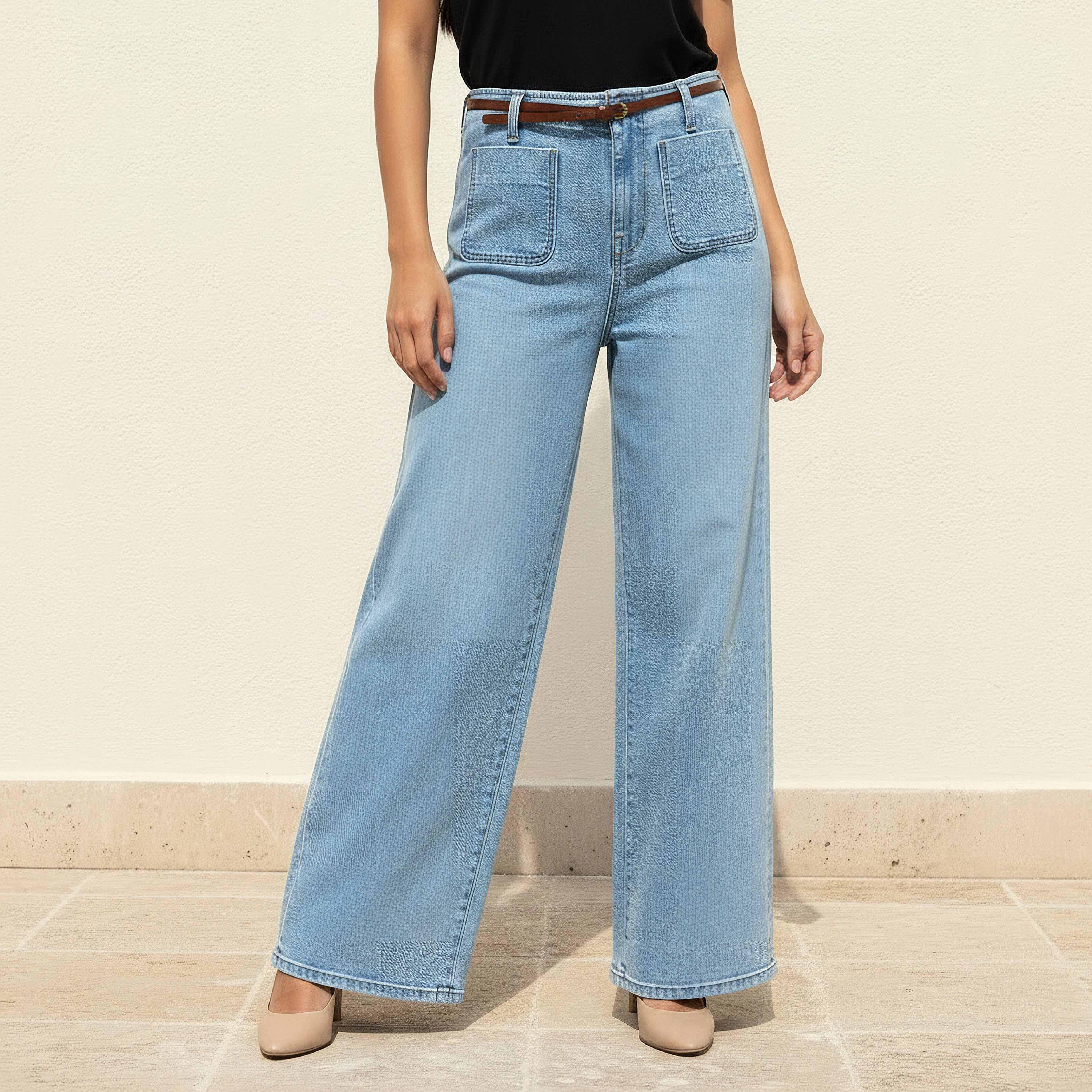 بنطلون جينز قطن بجيوب رقعة-women-clothing-bottoms-jeans-image-1