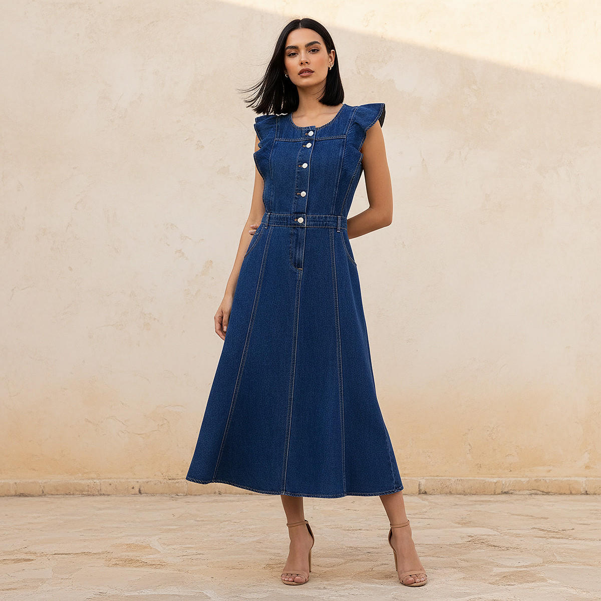 A-line Midi Cotton Denim Dress with Ruffle Detail-women-clothing-dresses-image-1