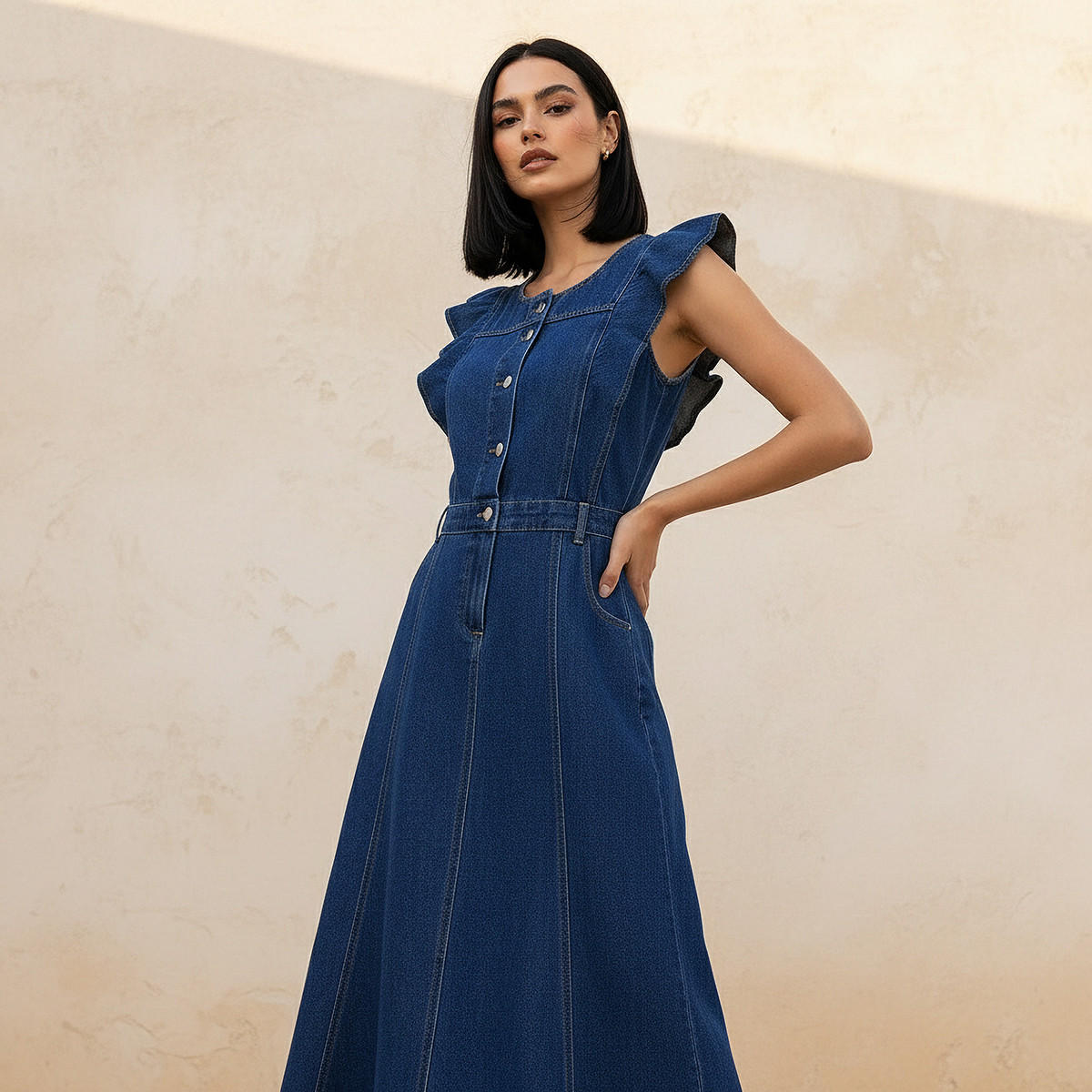 A-line Midi Cotton Denim Dress with Ruffle Detail-women-clothing-dresses-image-3
