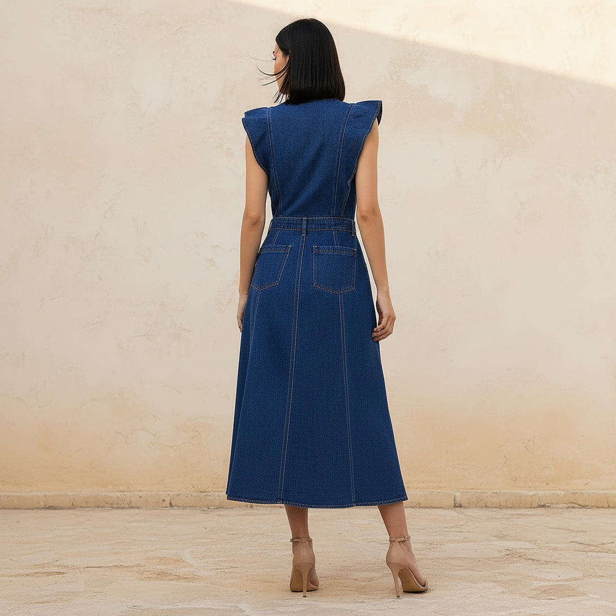 A-line Midi Cotton Denim Dress with Ruffle Detail-women-clothing-dresses-image-4