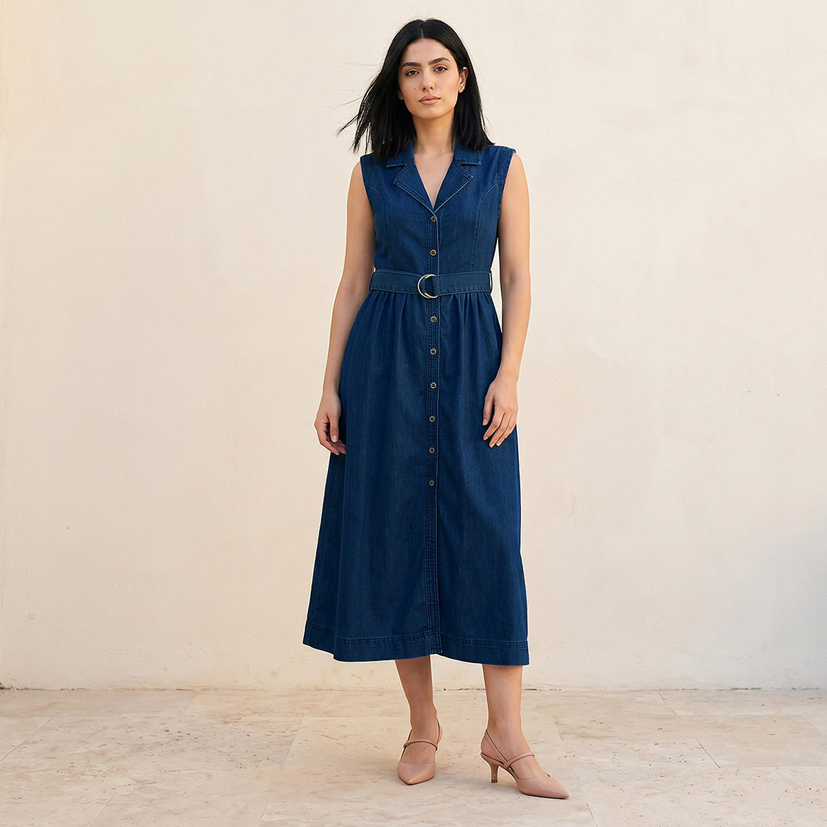 فستان قميص دينم ميدي بدون أكمام مع حزام-women-clothing-dresses-image-1