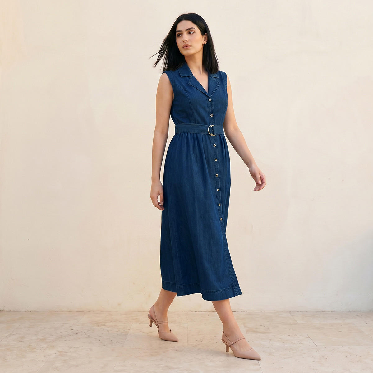 فستان قميص دينم ميدي بدون أكمام مع حزام-women-clothing-dresses-image-3
