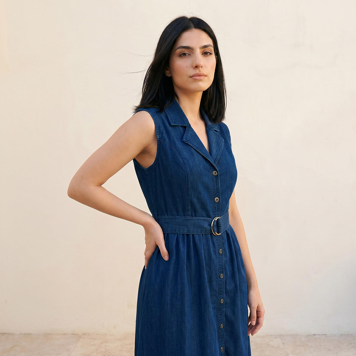 فستان قميص دينم ميدي بدون أكمام مع حزام-women-clothing-dresses-image-5