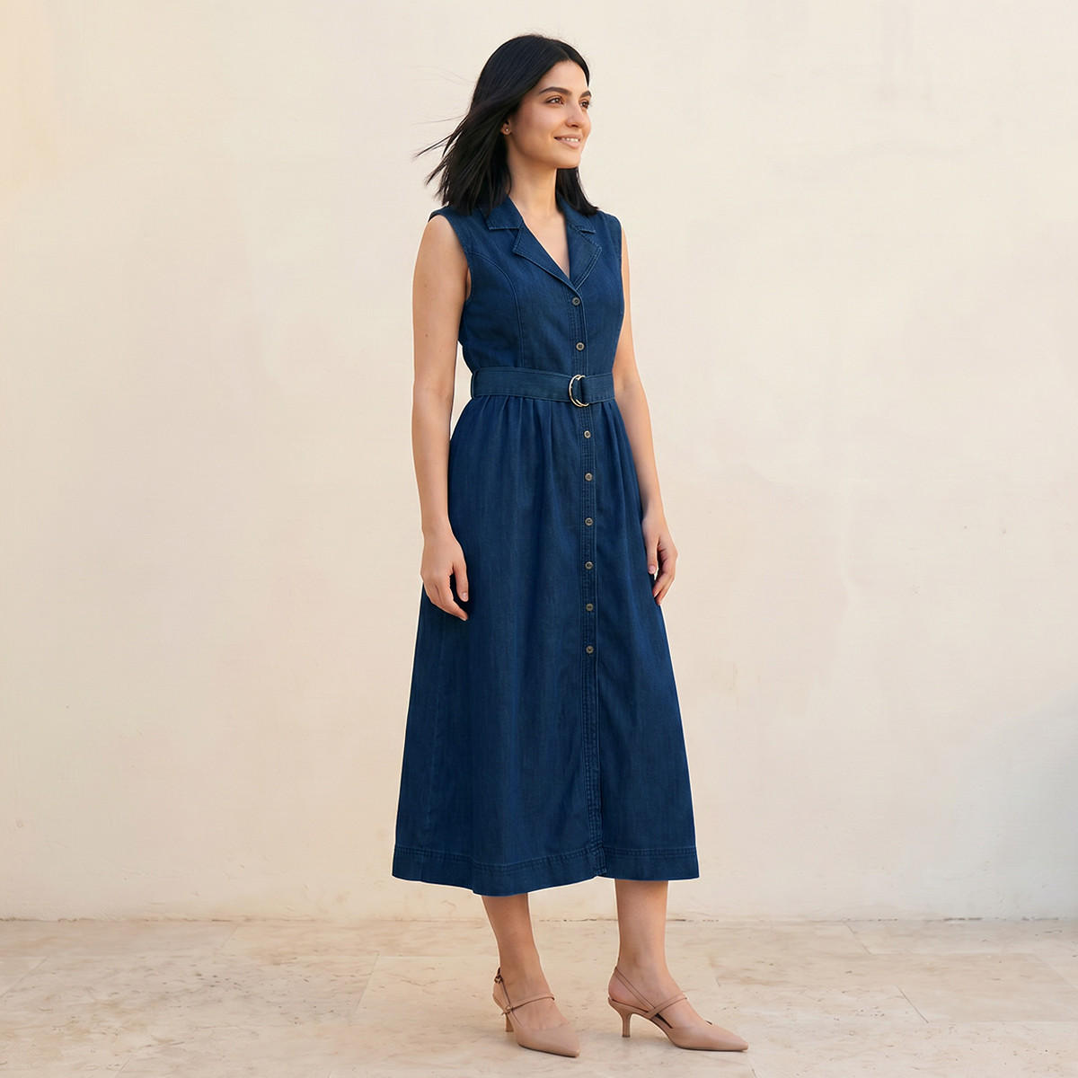 فستان قميص دينم ميدي بدون أكمام مع حزام-women-clothing-dresses-image-6