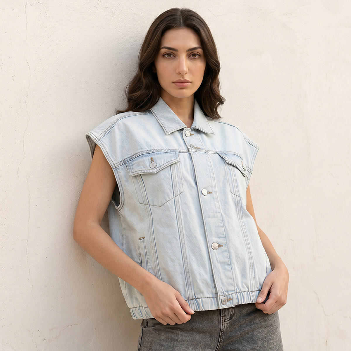 Splash Denim Regular Cotton Gilet with Pockets-women-winterwear-coatsandjackets-jackets-image-1