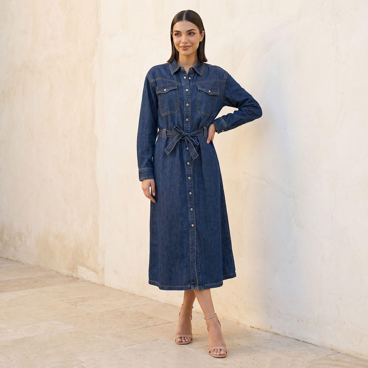 فستان قطن ميدي دينم بحزام خصر من سبلاش-women-clothing-dresses-image-1