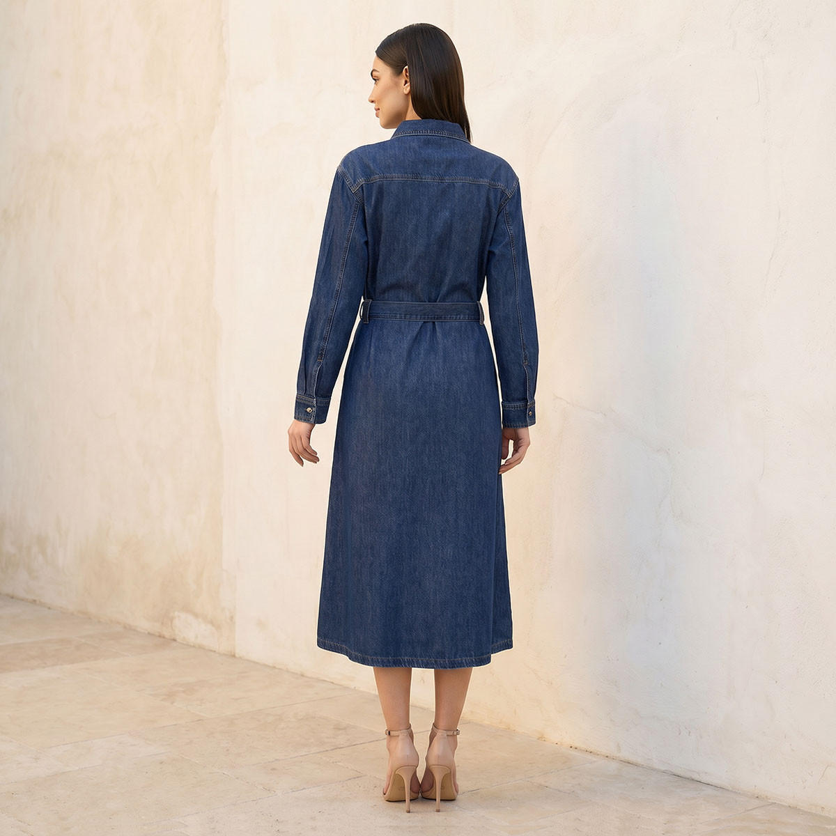 فستان قطن ميدي دينم بحزام خصر من سبلاش-women-clothing-dresses-image-3