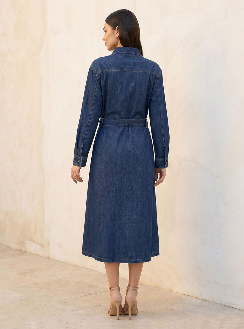 فستان قطن ميدي دينم بحزام خصر من سبلاش-women-clothing-dresses-image-3