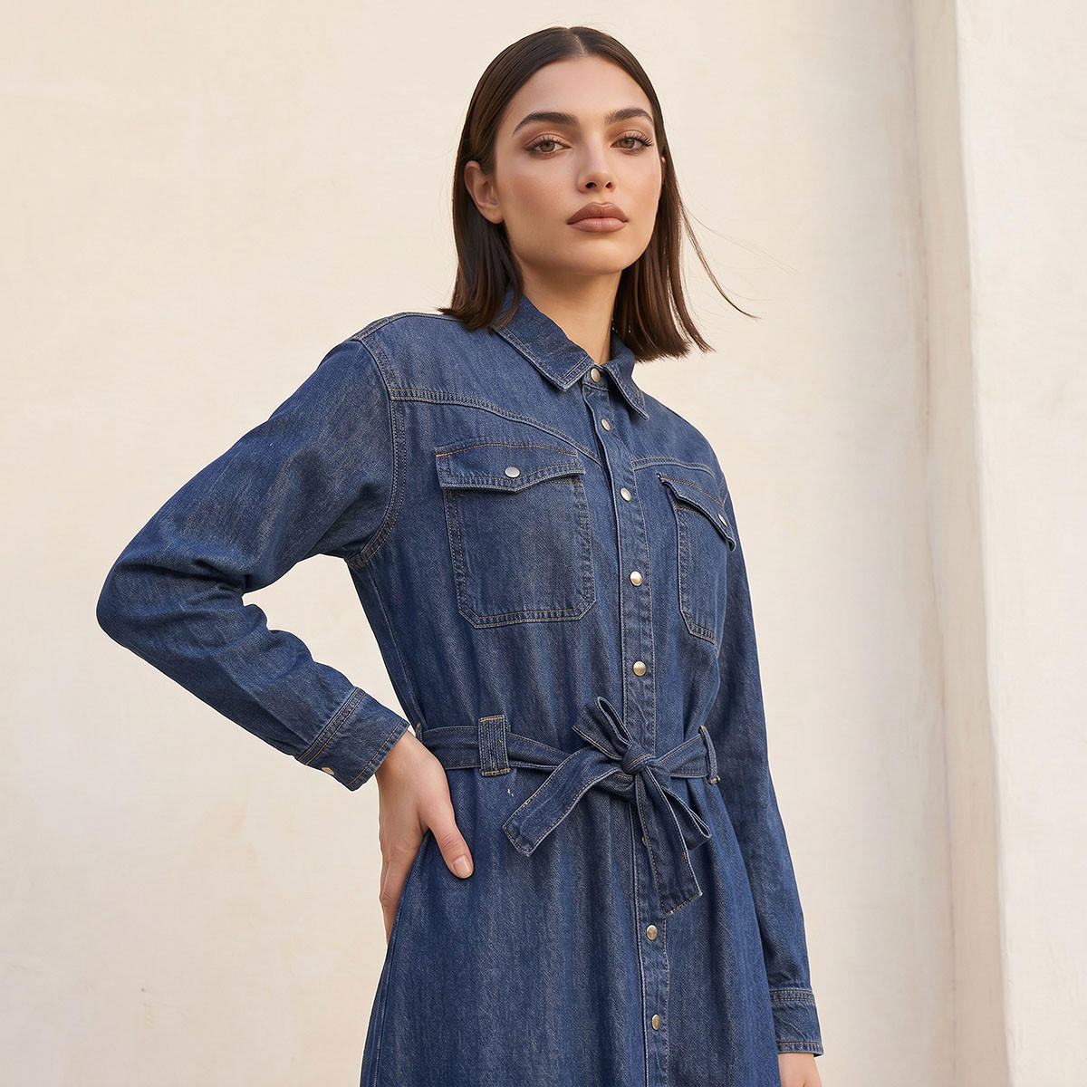 فستان قطن ميدي دينم بحزام خصر من سبلاش-women-clothing-dresses-image-4