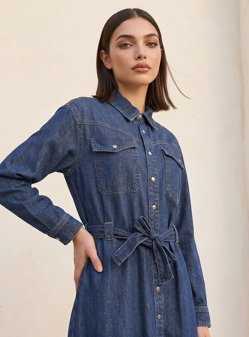 فستان قطن ميدي دينم بحزام خصر من سبلاش-women-clothing-dresses-image-4