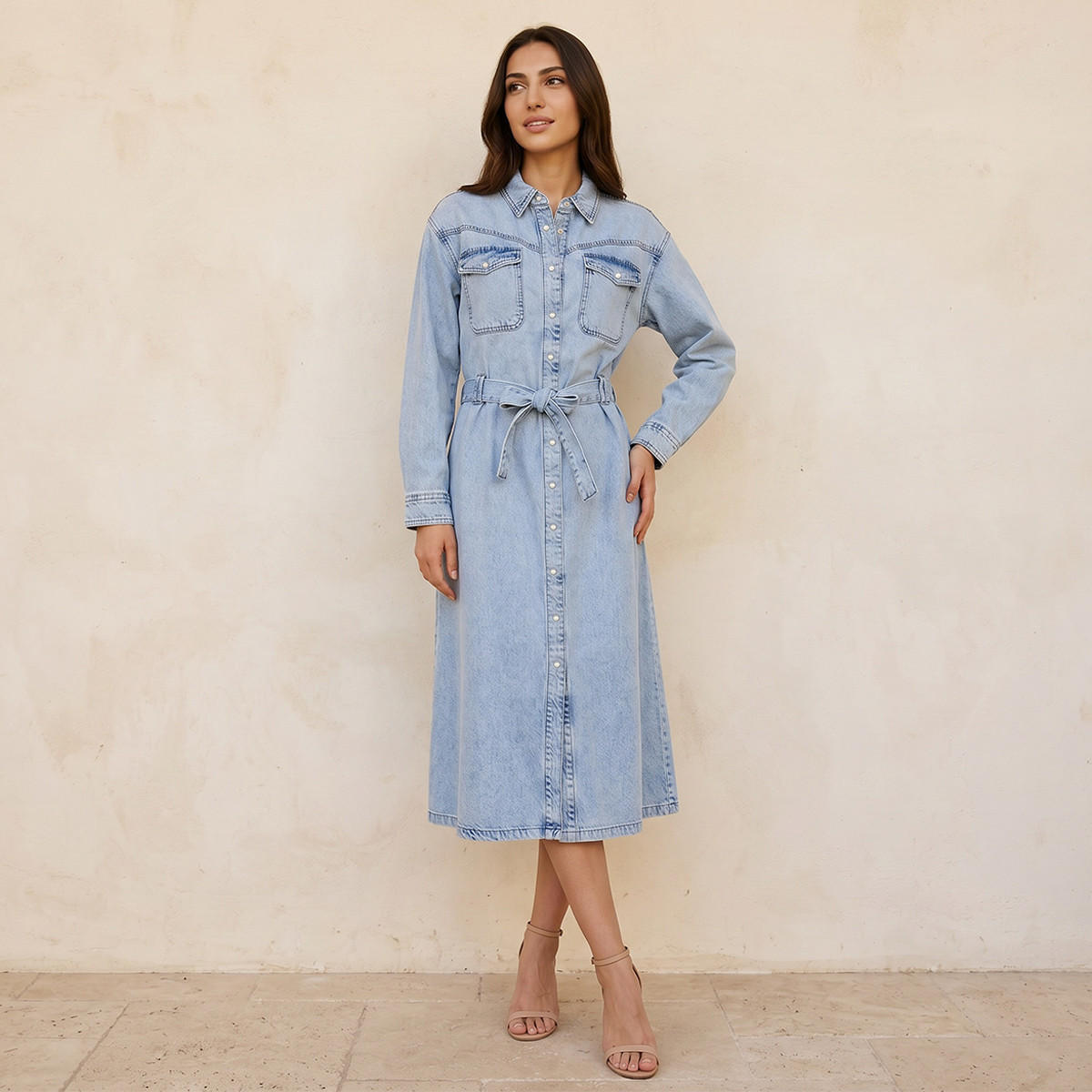 فستان قطن ميدي دينم بحزام خصر من سبلاش-women-clothing-dresses-image-1