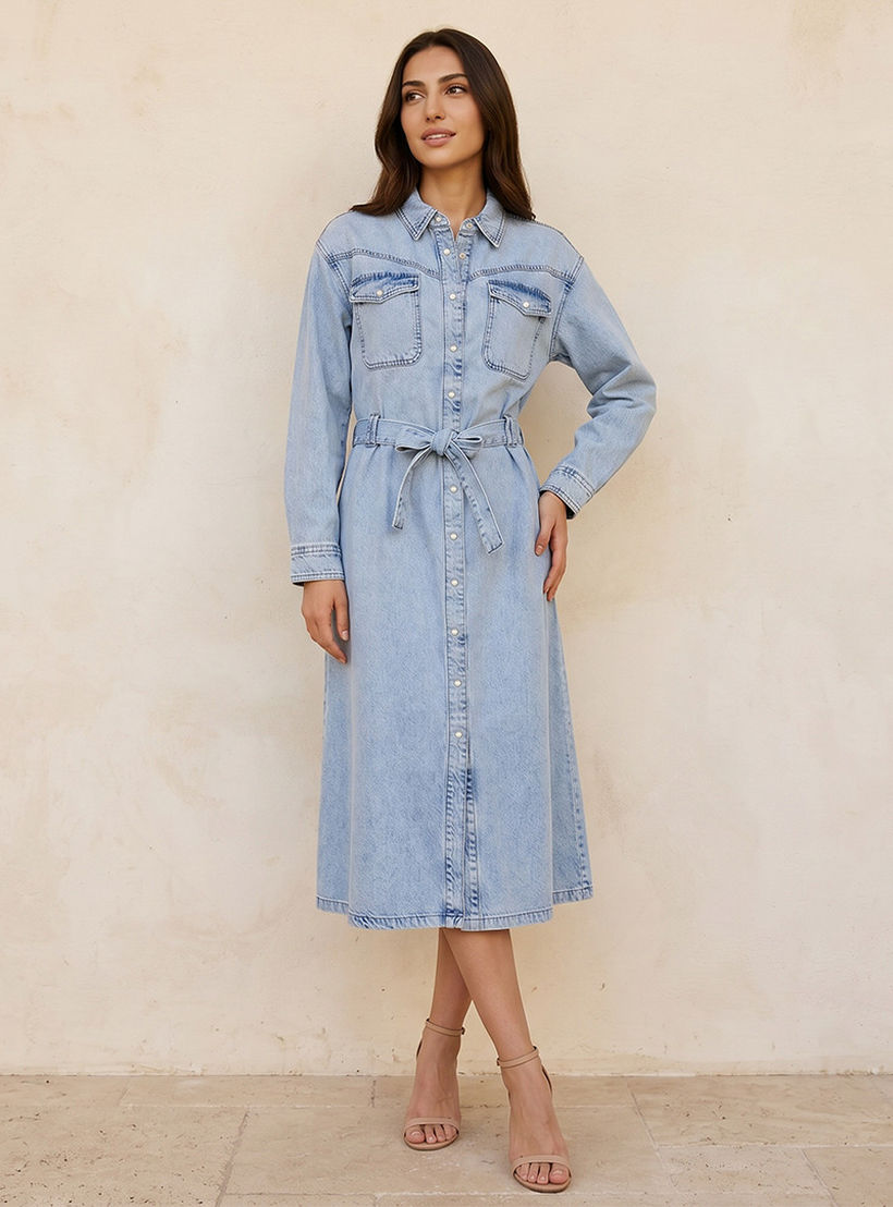 فستان قطن ميدي دينم بحزام خصر من سبلاش-women-clothing-dresses-image-1