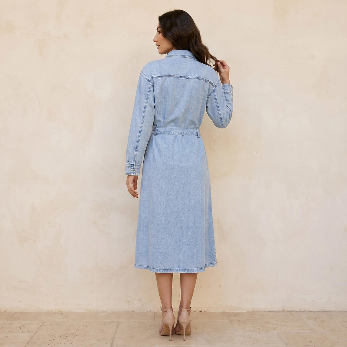 فستان قطن ميدي دينم بحزام خصر من سبلاش-women-clothing-dresses-image-3