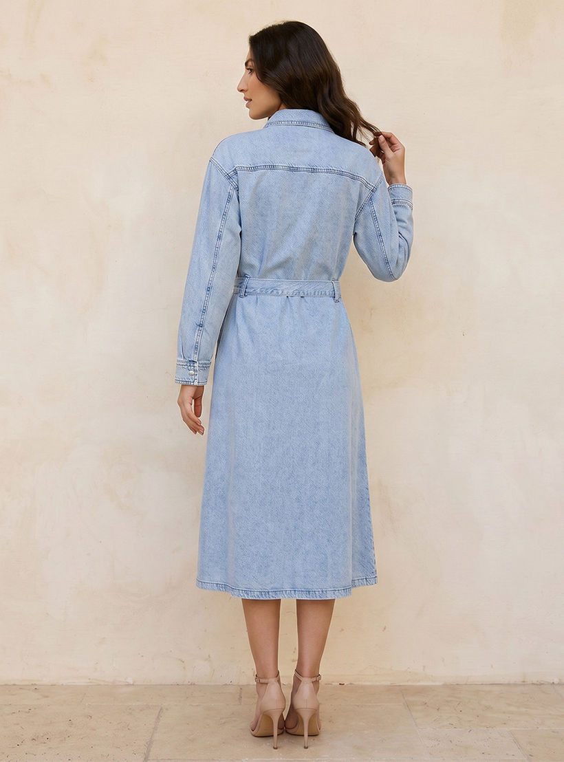 فستان قطن ميدي دينم بحزام خصر من سبلاش-women-clothing-dresses-image-3