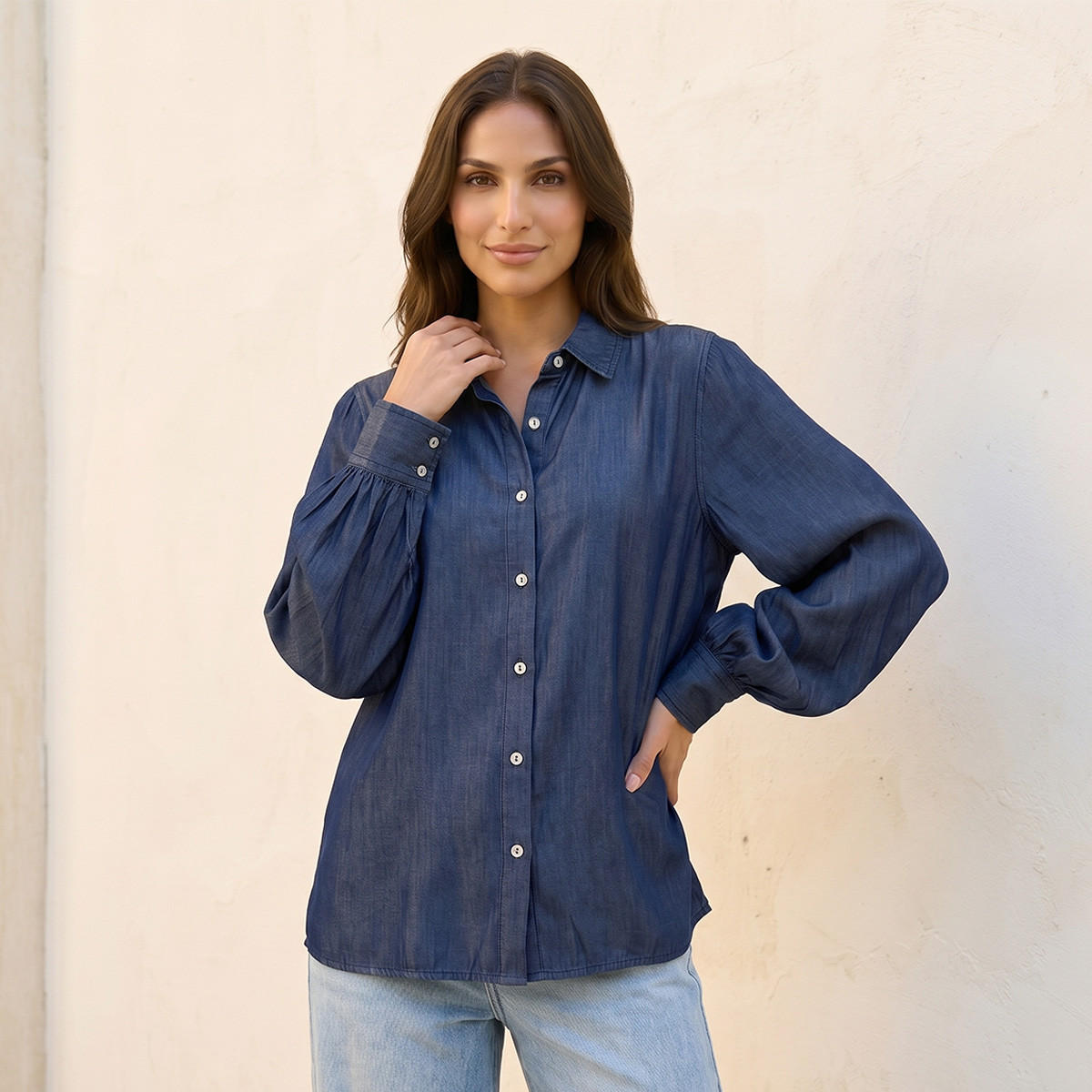 Splash Denim Lyocell Shirt Bishop Sleeves-women-clothing-shirtsandblouses-shirts-image-1