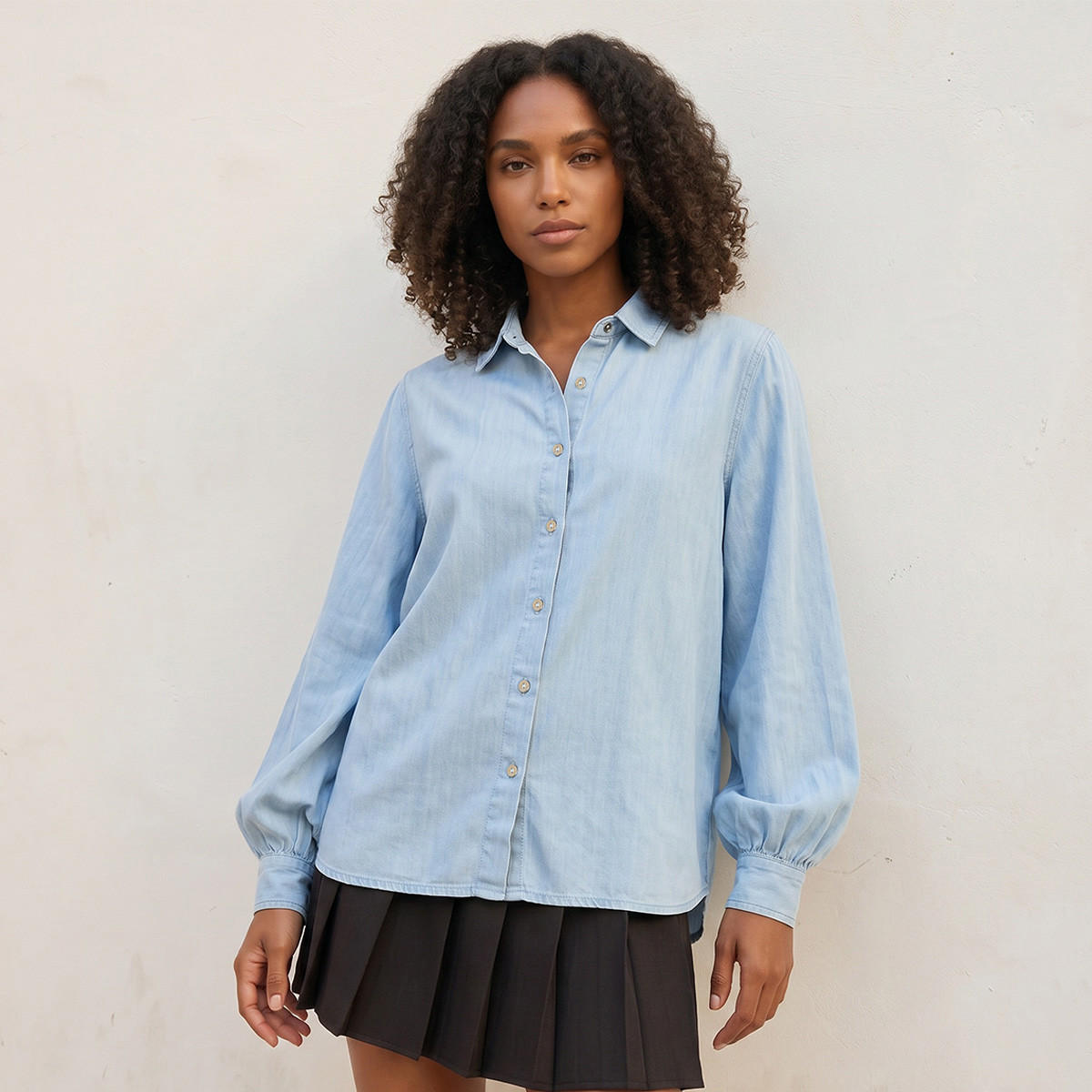 Splash Denim Lyocell Shirt Bishop Sleeves-women-clothing-shirtsandblouses-shirts-image-1