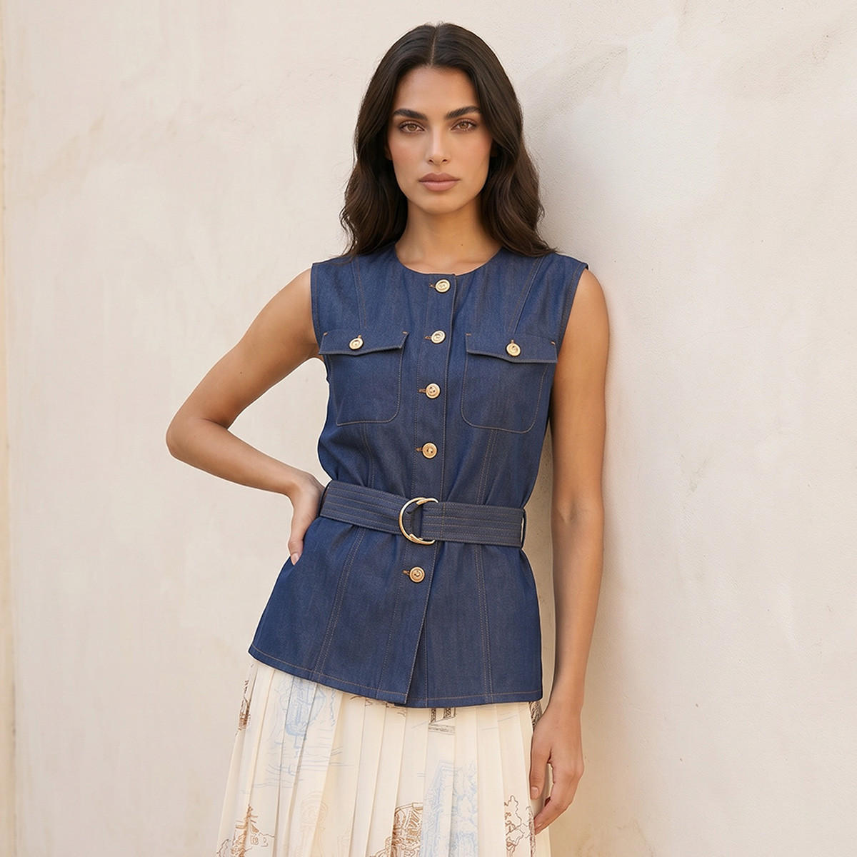 Splash Denim Cotton Top with Belt-women-clothing-shirtsandblouses-blouses-image-1