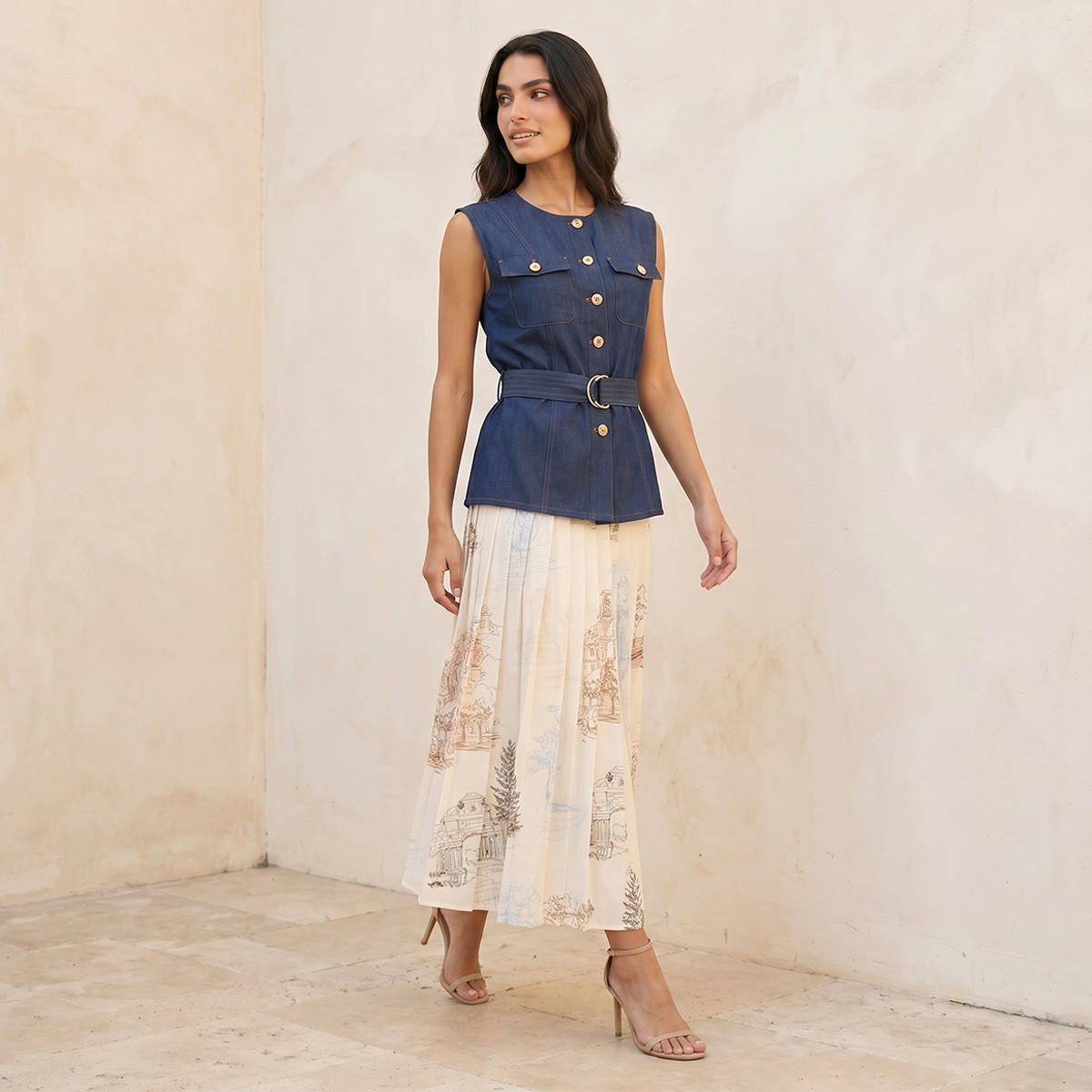 Splash Denim Cotton Top with Belt-women-clothing-shirtsandblouses-blouses-image-3