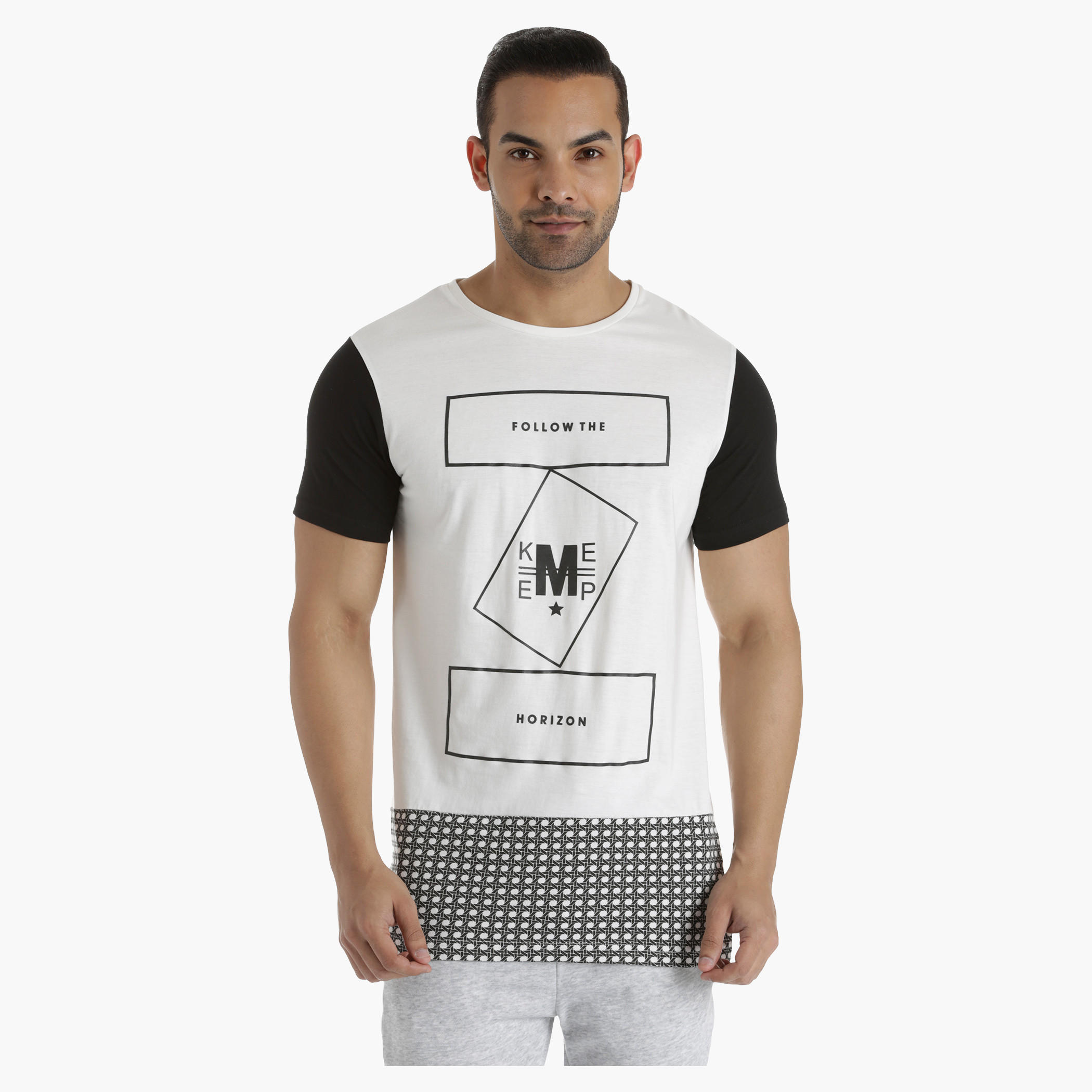 Printed Cotton T-Shirt with Crew Neck and Contrast Sleeves in Regular Fit-men-clothing-tshirtsandpolos-tshirts-image-1