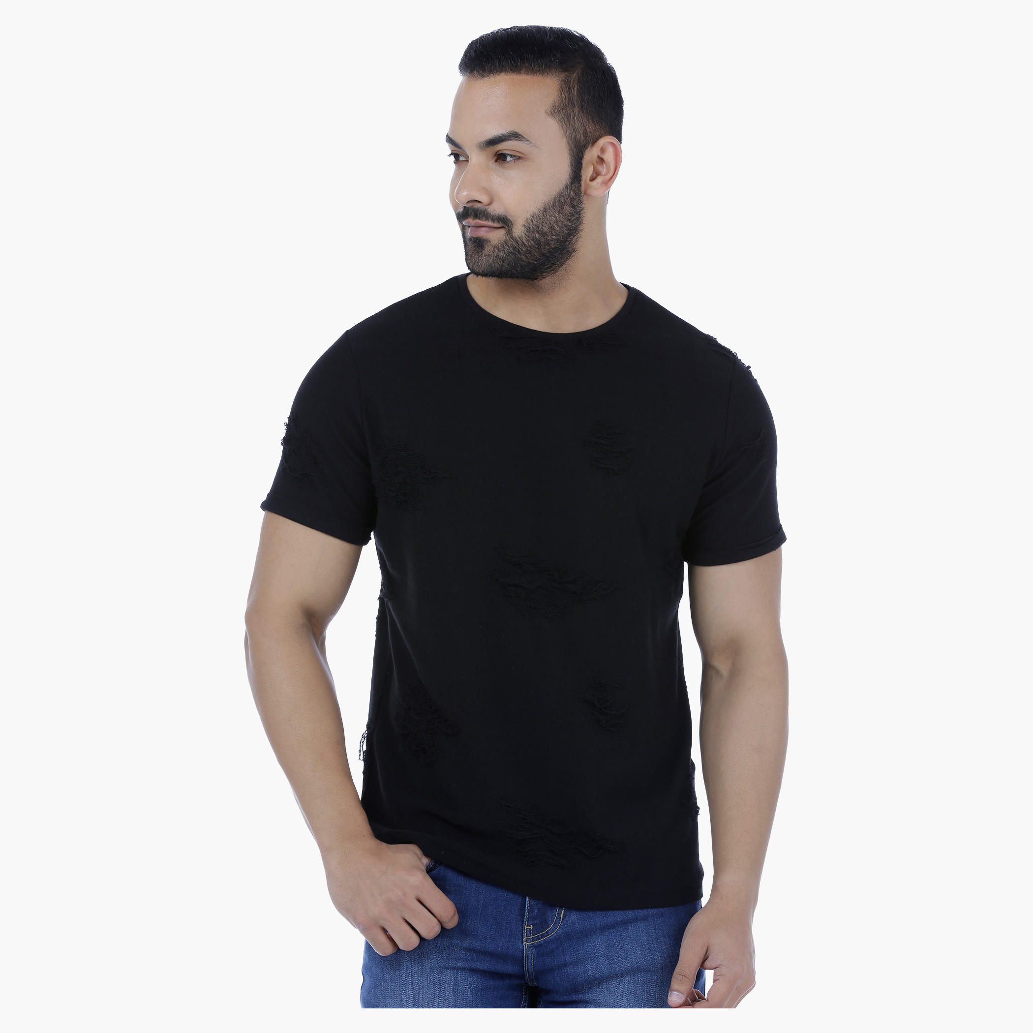 Crew Neck Cotton T-Shirt wit Torn Effect and Back Print-men-clothing-tshirtsandpolos-tshirts-image-1
