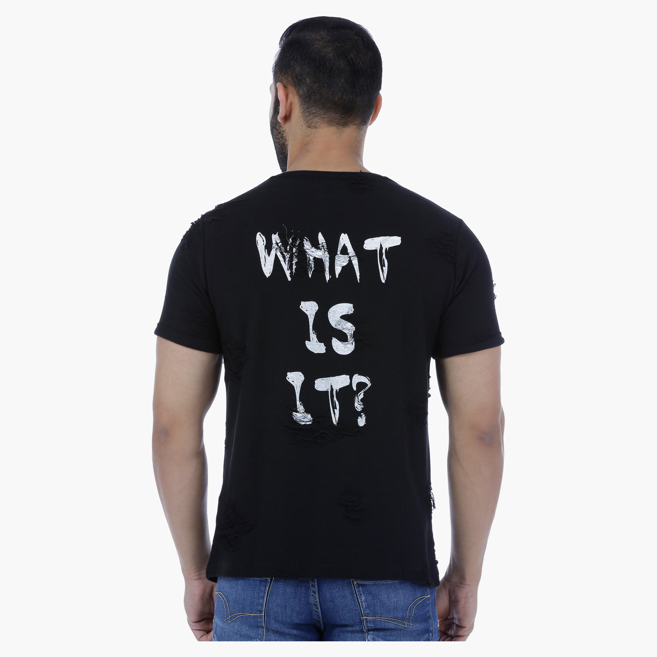 Crew Neck Cotton T-Shirt wit Torn Effect and Back Print-men-clothing-tshirtsandpolos-tshirts-image-2