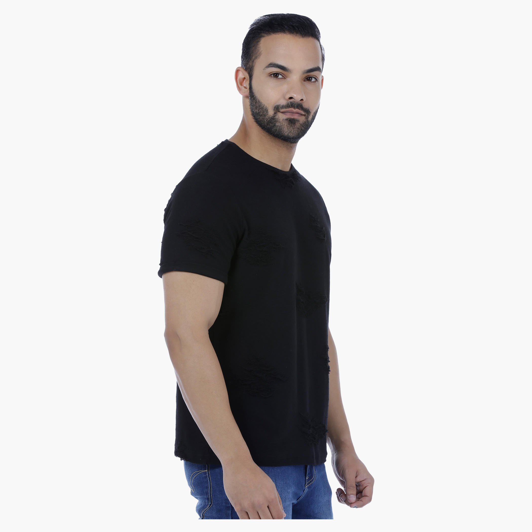 Crew Neck Cotton T-Shirt wit Torn Effect and Back Print-men-clothing-tshirtsandpolos-tshirts-image-3