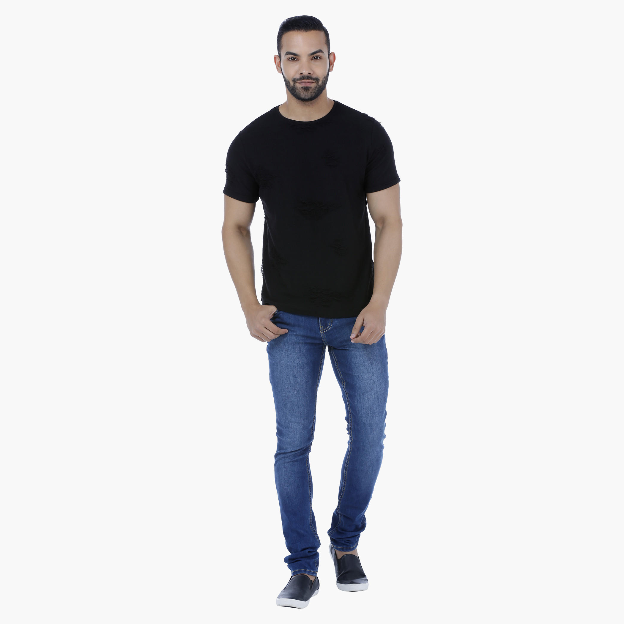 Crew Neck Cotton T-Shirt wit Torn Effect and Back Print-men-clothing-tshirtsandpolos-tshirts-image-5