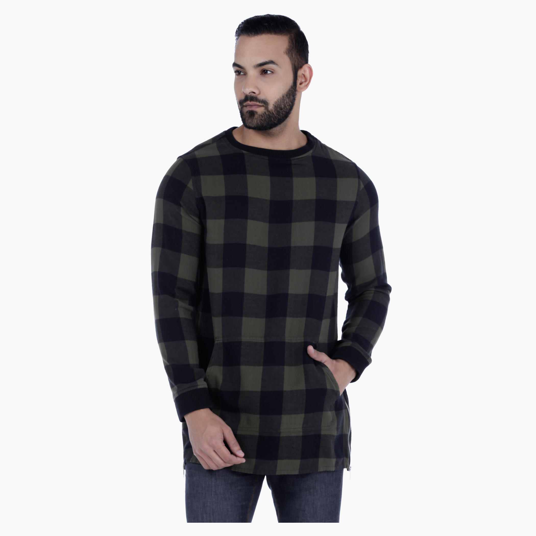Longline Cotton T-shirt with Checks and Zip Detail in Regular Fit-men-clothing-tshirtsandpolos-tshirts-image-1