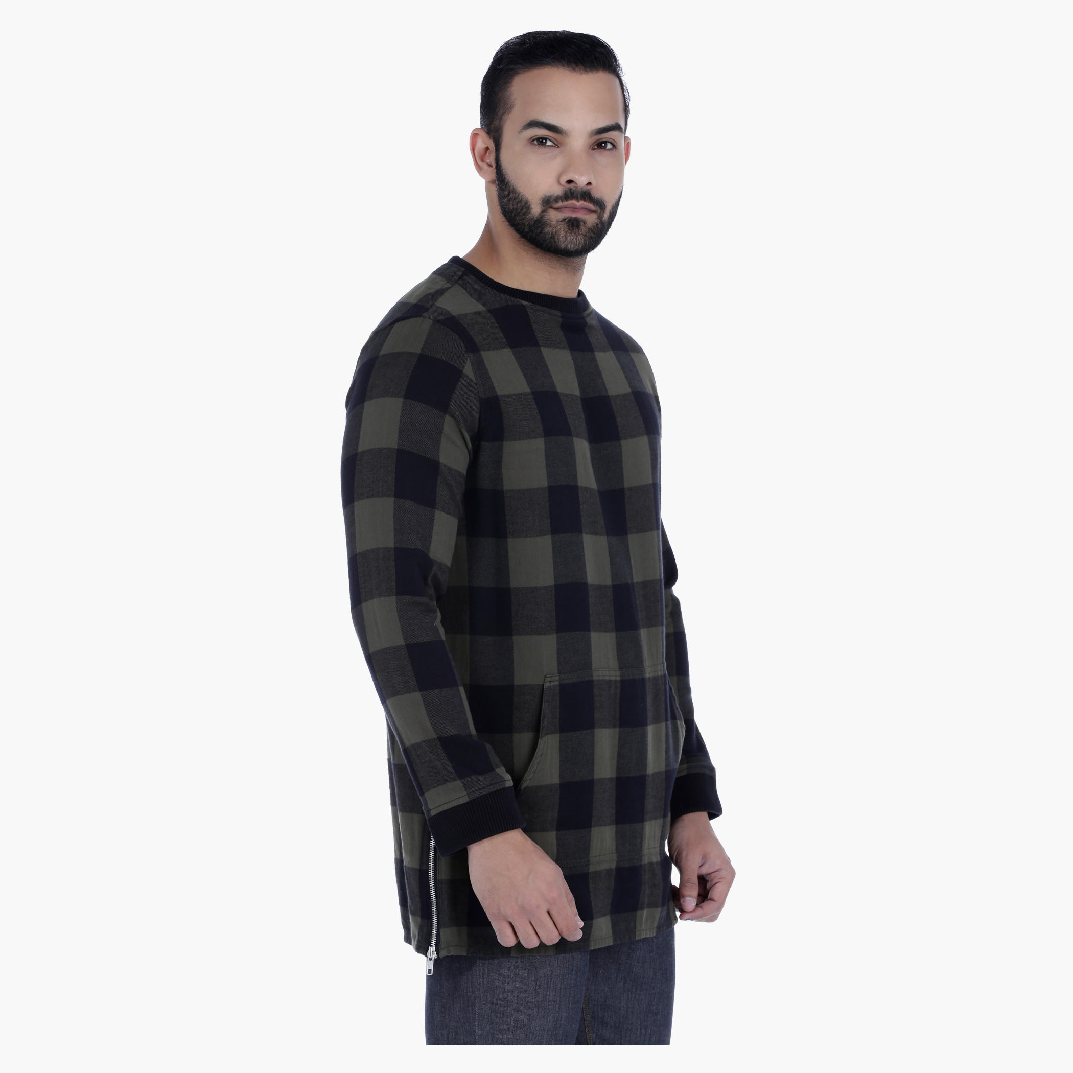 Longline Cotton T-shirt with Checks and Zip Detail in Regular Fit-men-clothing-tshirtsandpolos-tshirts-image-3