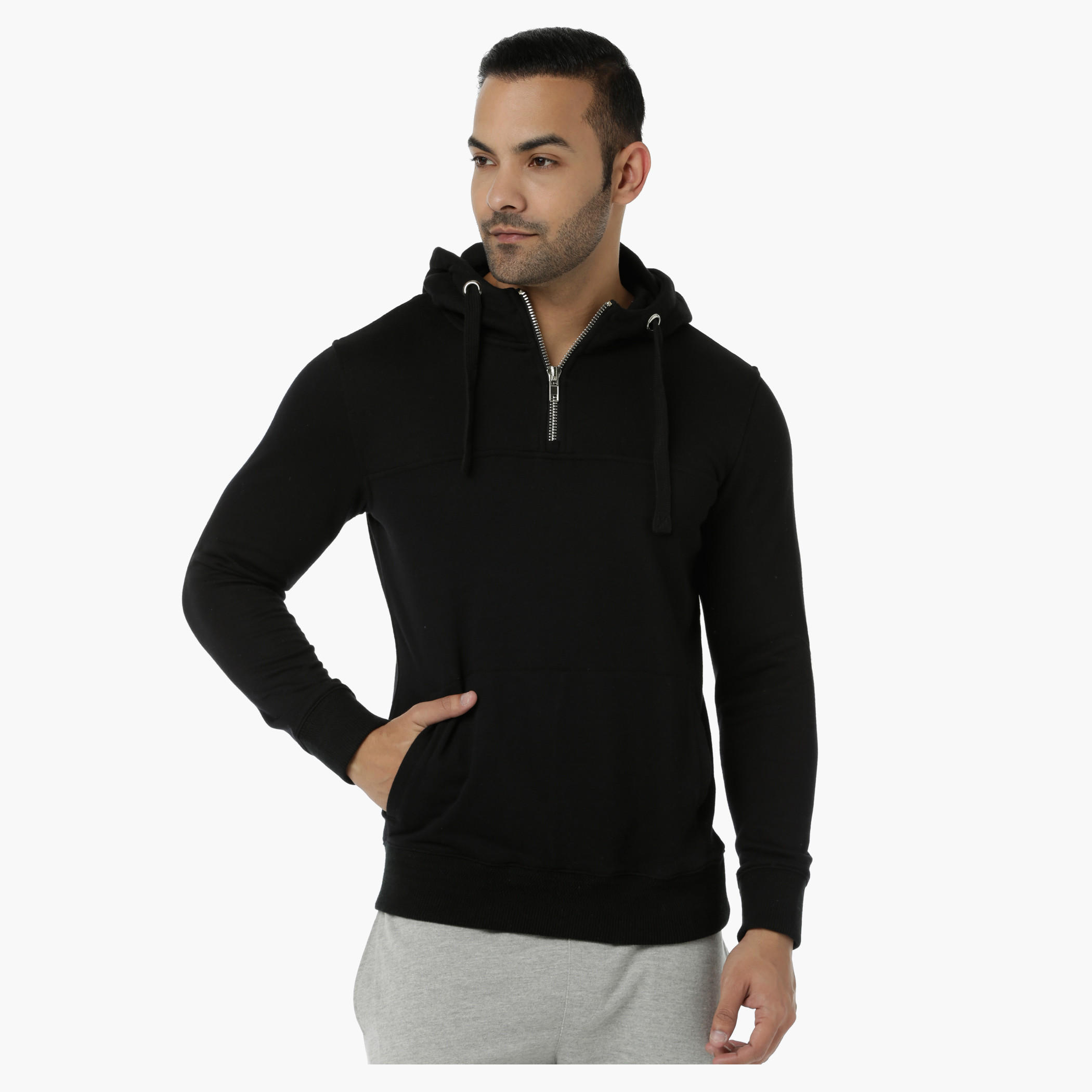 Hooded Sweatshirt with Half Zip at Front and Long Sleeves in Regular Fit-men-clothing-sweatersandpullovers-image-1