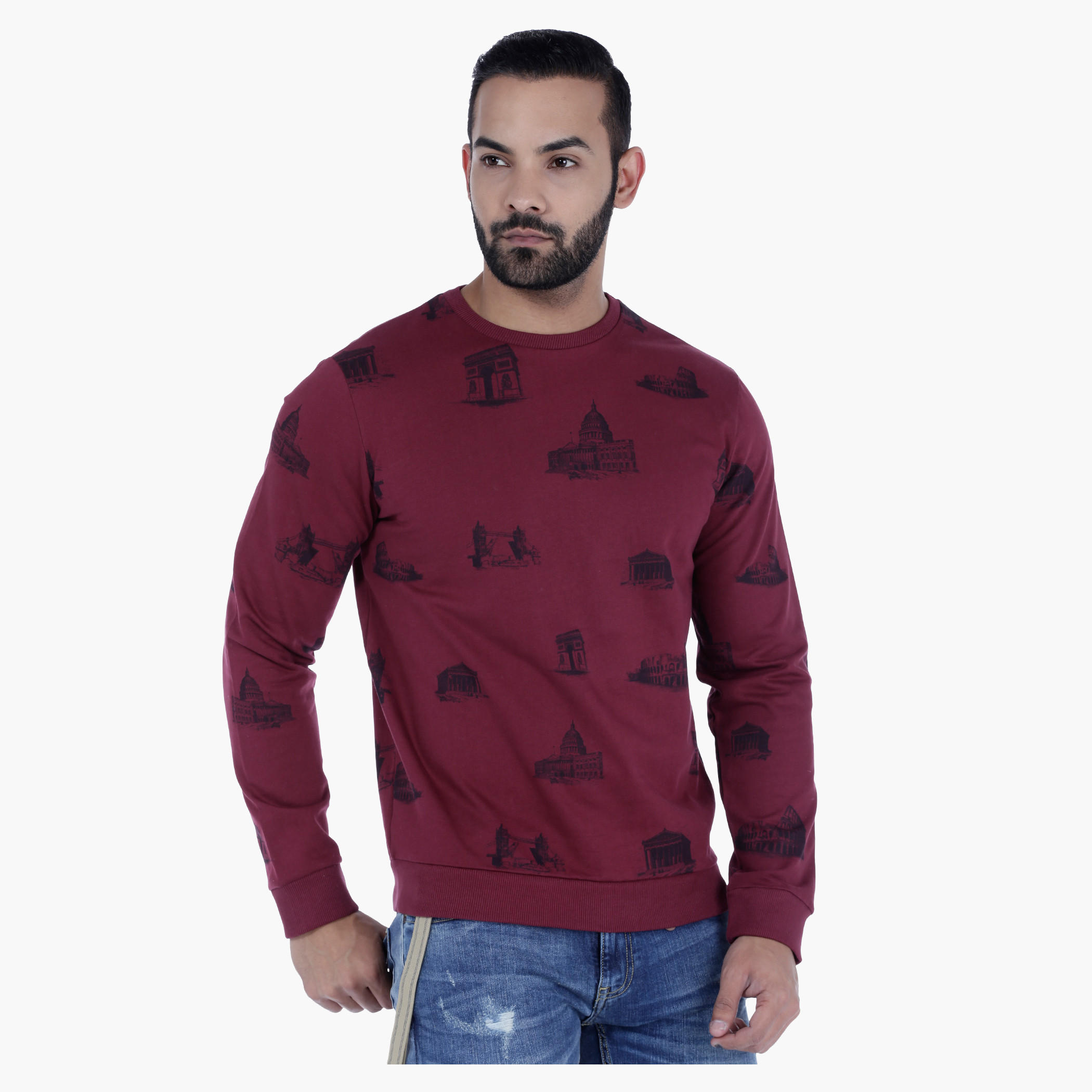 Crew Neck Cotton Sweatshirt with Long Sleeves and All Over Print-men-winterwear-hoodiesandsweatshirts-image-1