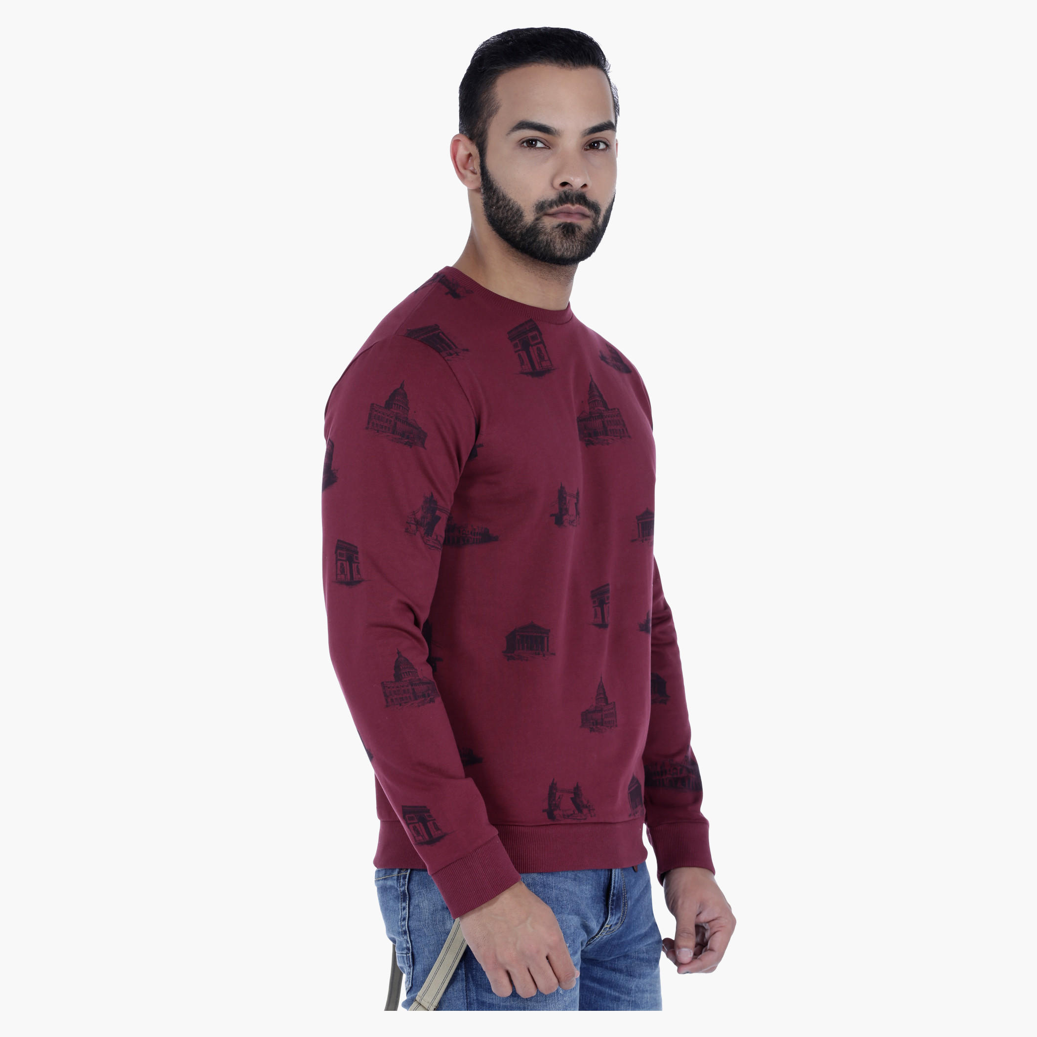 Crew Neck Cotton Sweatshirt with Long Sleeves and All Over Print-men-winterwear-hoodiesandsweatshirts-image-2